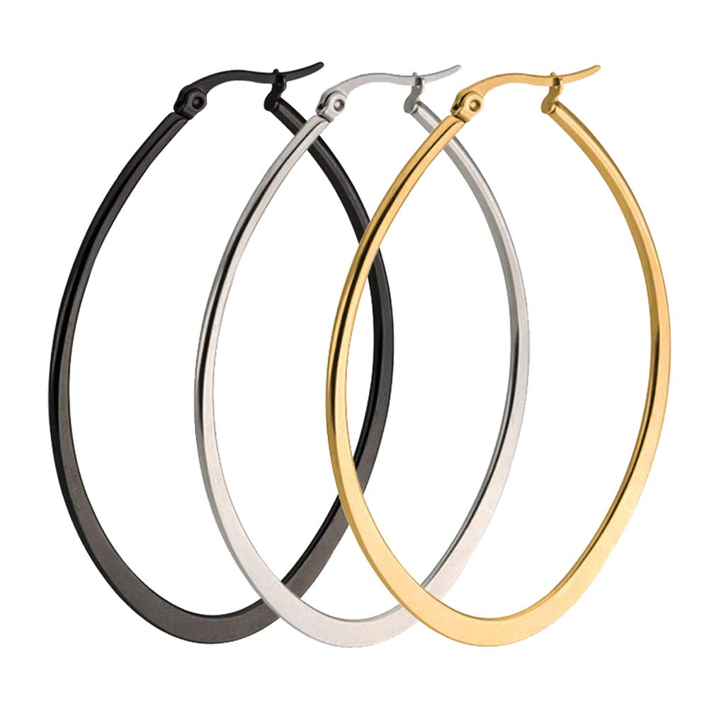 3 Pairs Geometric Hoop Earrings for Women - Hypoallergenic Stainless Steel Earrings Set in Gold, Silver, Black & Rose Gold - Perfect for Parties, Work & Everyday Wear