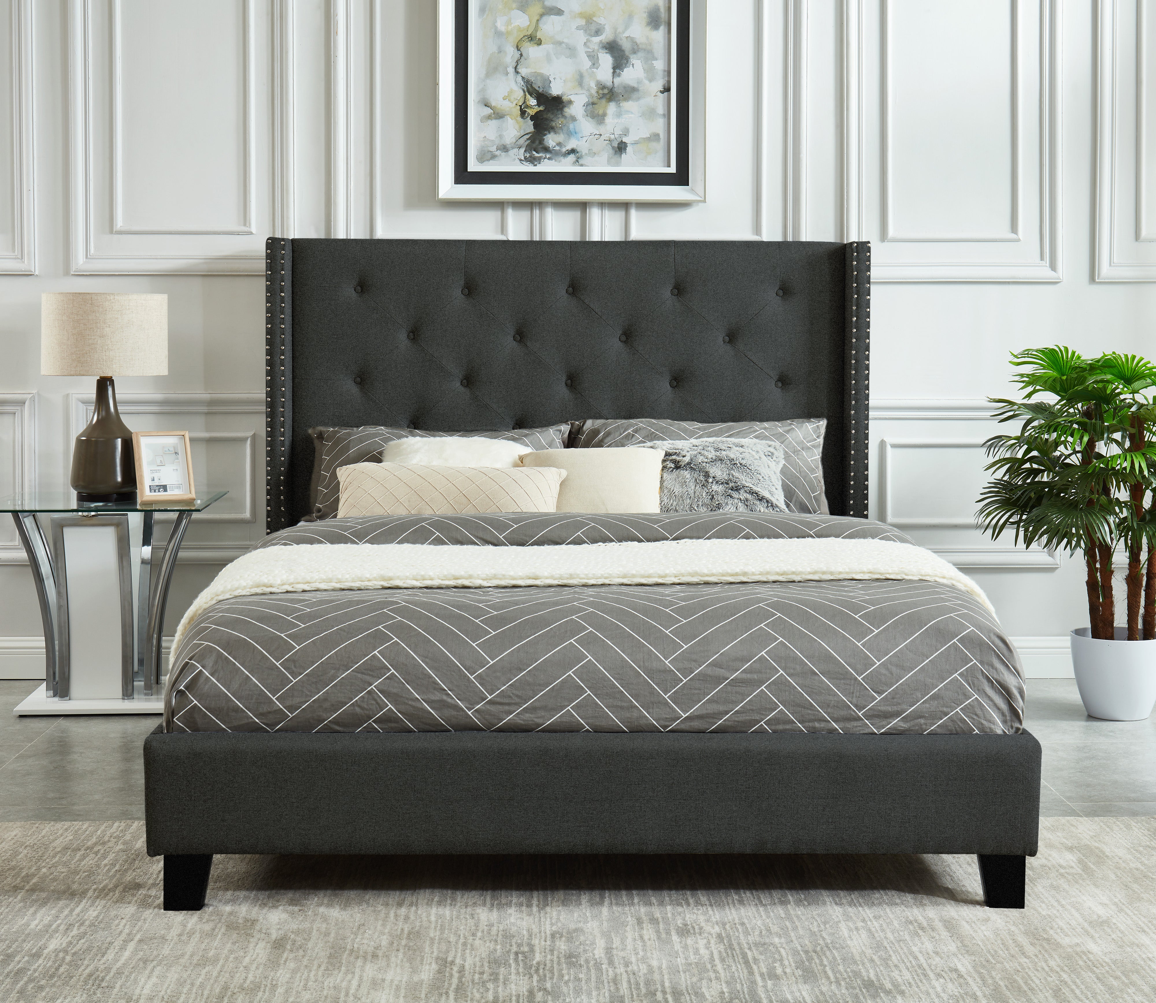 Audrey 3-Piece King Size Bed Frame Set in Dark Grey - Modern Bedroom Furniture for Master Suite or Guest Room