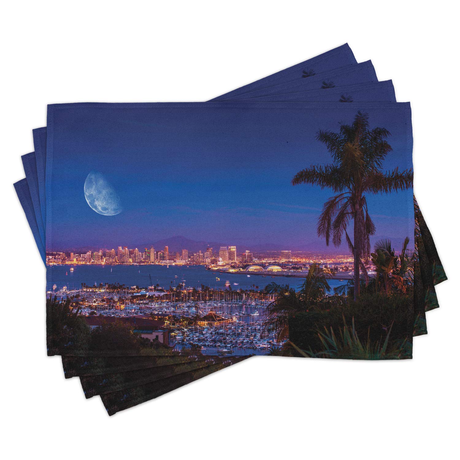 Lunarable USA Washable Fabric Place Mats Set of 4 - San Diego California Night Panorama with Moon & Yachts - Navy Blue Pink Brown Dining Table Decor for Kitchen & Restaurant Use