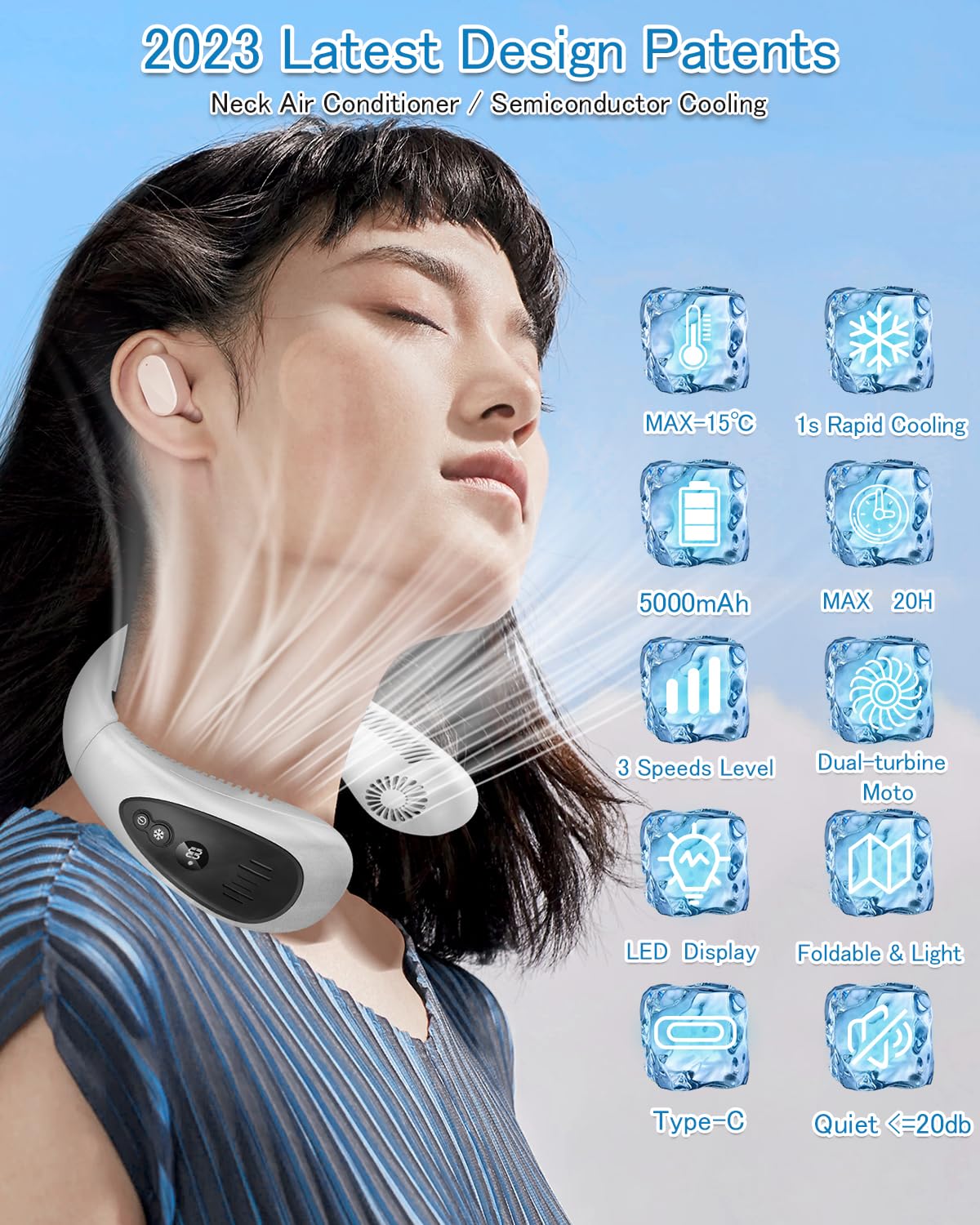 Portable Neck Fan with 5000mAh Battery & Semiconductor Cooling - USB Rechargeable Bladeless Personal Fan, 3 Speed Settings, White - Perfect for Outdoor Activities, Office, Travel & Summer Cooling
