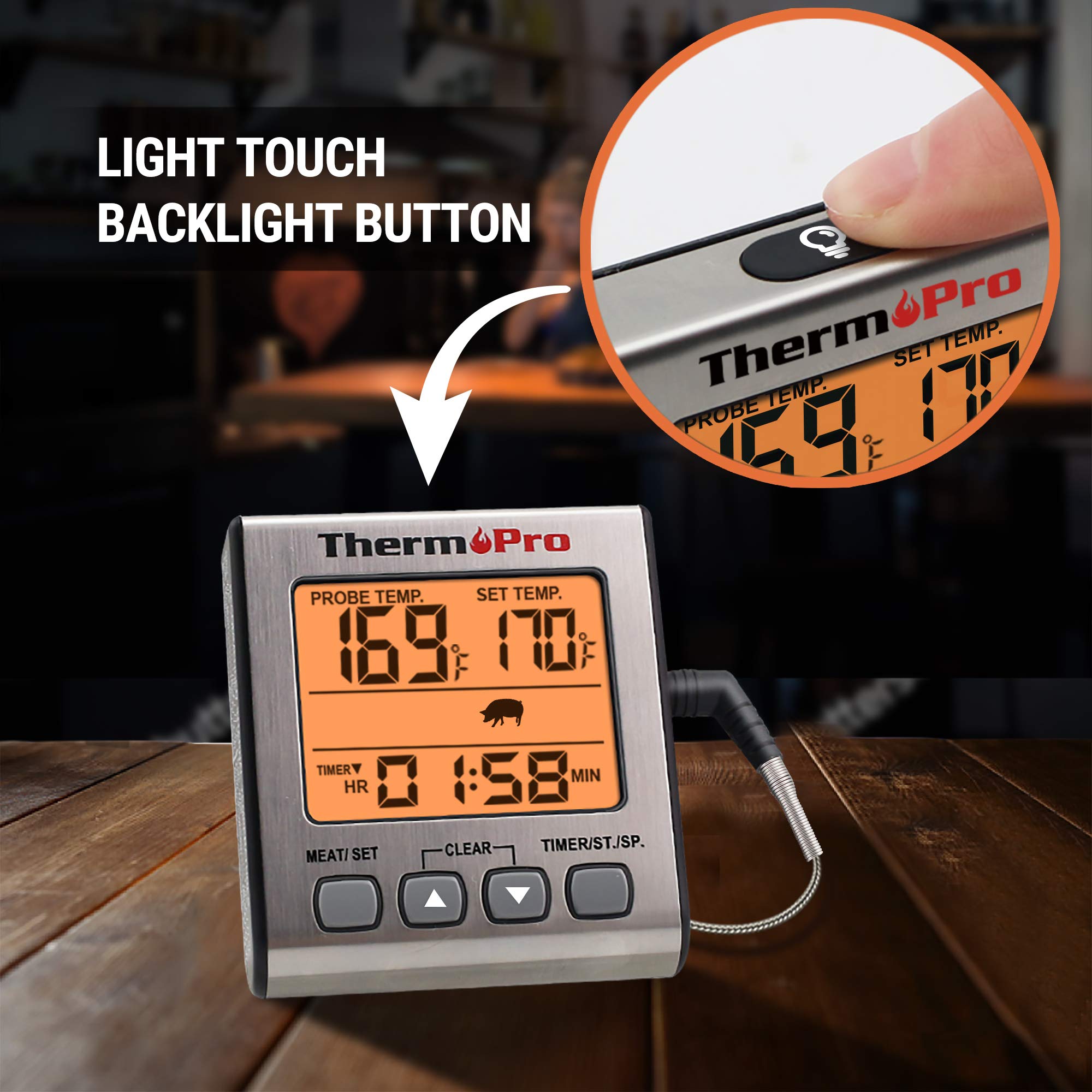 ThermoPro TP16S Digital Meat Thermometer for Grilling & BBQ - Smart Timer Mode & Backlight - Perfect for Cooking, Smoking, and Outdoor Cooking