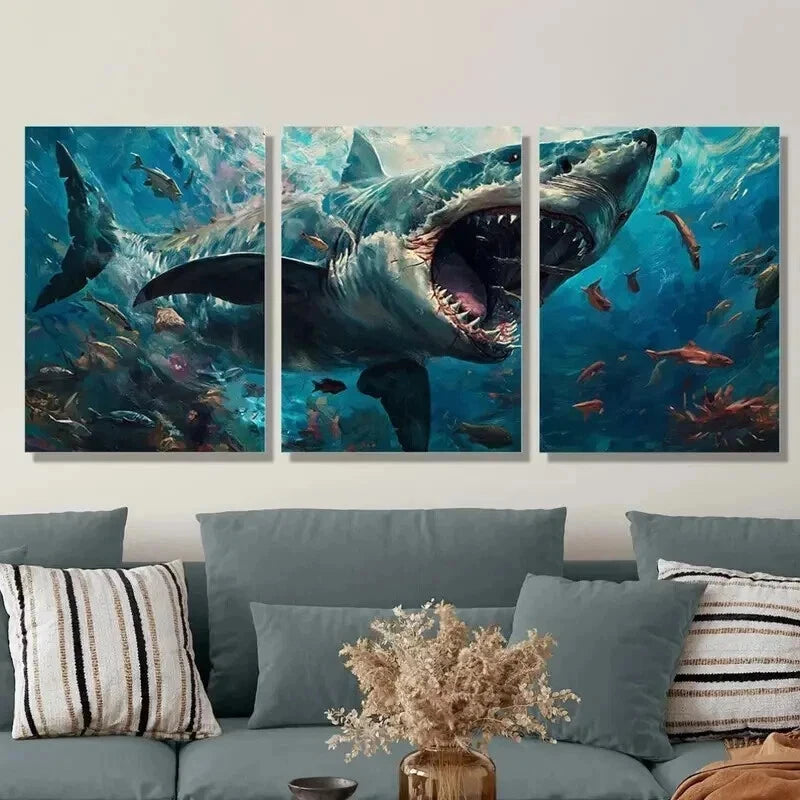 3-Piece Great White Shark Canvas Wall Art Set - Framed 50x70cm High Quality Print | Australian Made | Ready to Hang | Perfect for Living Room, Office & Marine Theme Decor