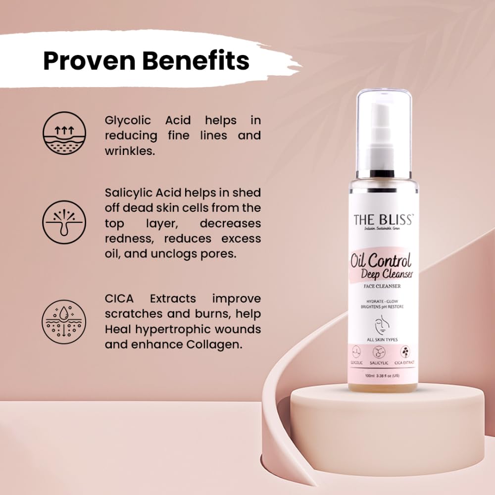 Bliss Acne & Blackhead Control Face Wash with AHA, BHA & CICA Extract - Oil-Free, Pore Minimizing Cleanser (100ml) for Oily & Acne-Prone Skin - Perfect for Daily Skincare Routine