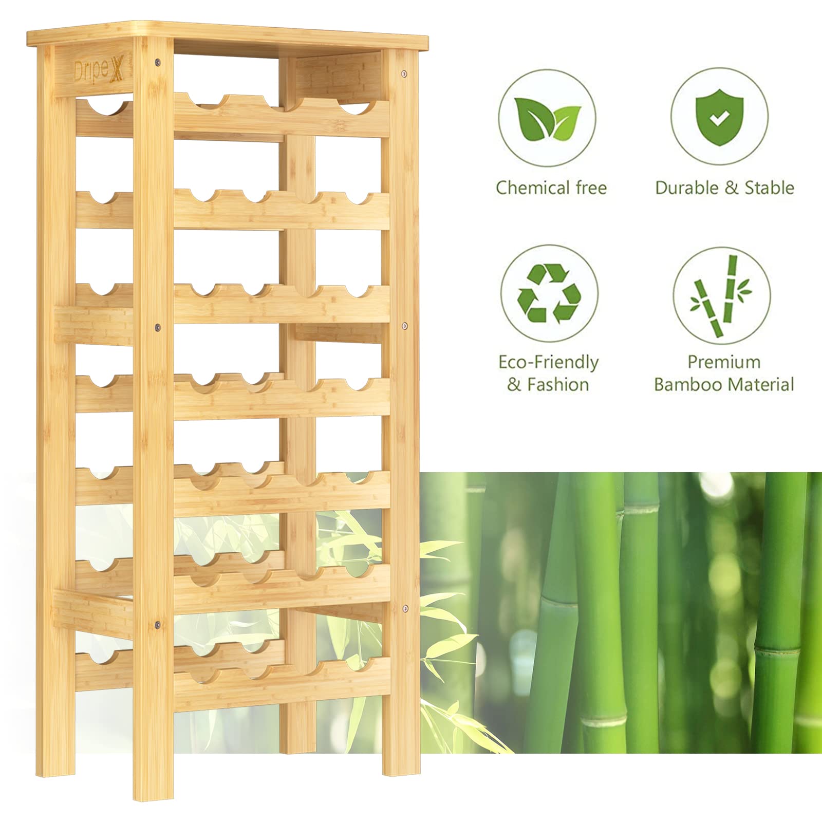 Dripex 7-Tier Bamboo Wine Rack - Free Standing Wine Holder for 27 Bottles, Kitchen & Home Storage Shelf with Table Top (47 x 29 x 102cm) - Perfect for Dining Room, Bar, Pantry & Wine Cellar Organization