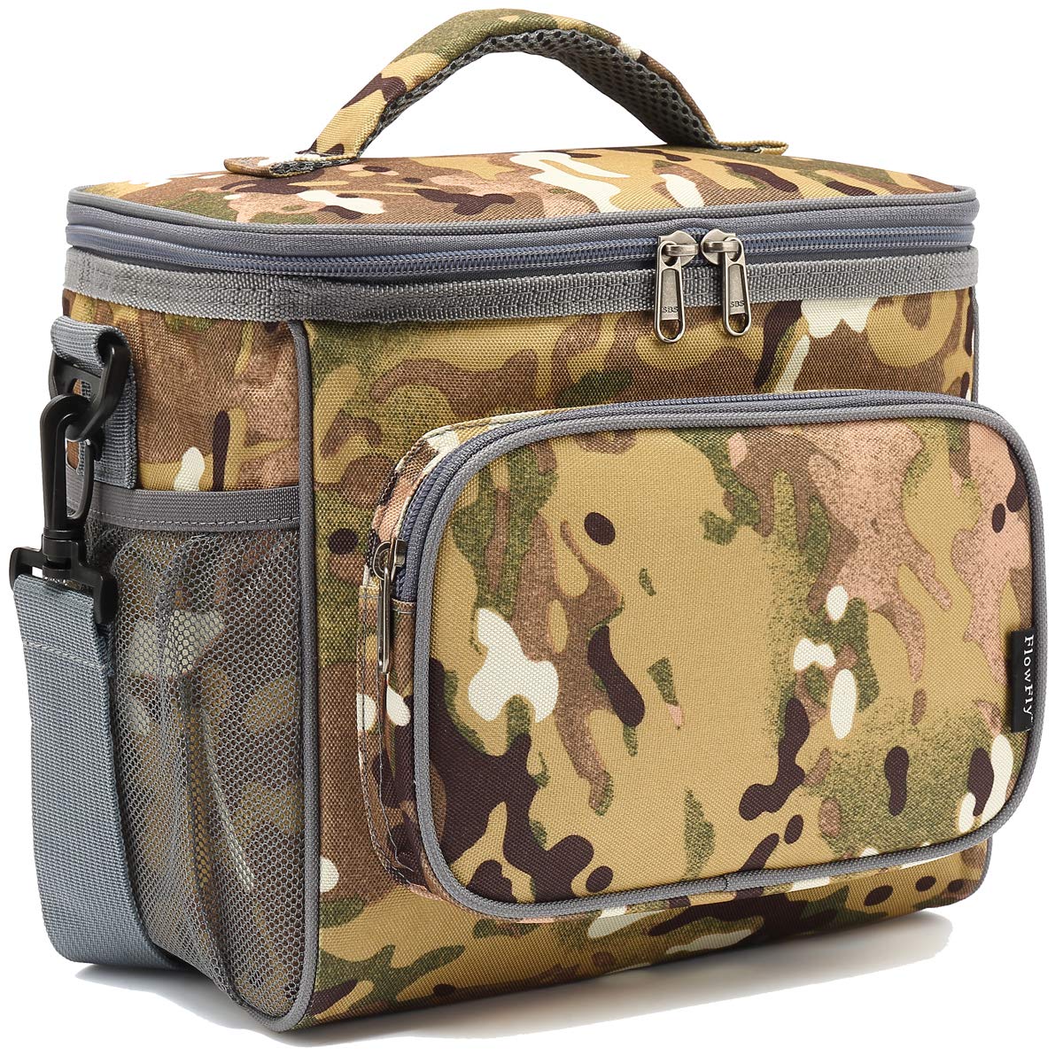 FlowFly Insulated Reusable Lunch Bag for Adults - Large Lunch Box with Adjustable Shoulder Strap, Front Zipper Pocket & Dual Mesh Side Pockets (Multicam) - Perfect for Work, School, Picnics & Outdoor Activities