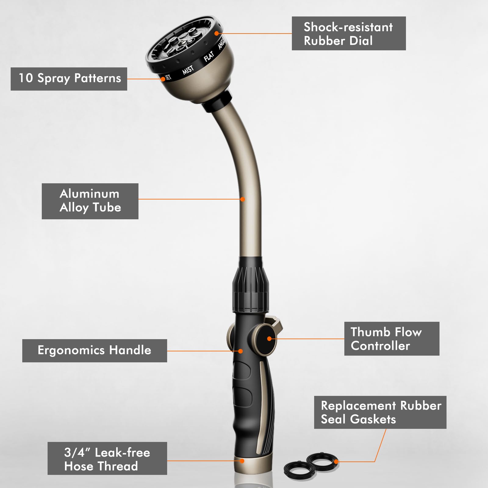 RESTMO Heavy Duty Metal Garden Hose Watering Wand - 15-Inch Long with 10 Adjustable Spray Patterns & Thumb Flow Control - Perfect for Hanging Baskets, Shrubs, Flowers, and Outdoor Plant Watering