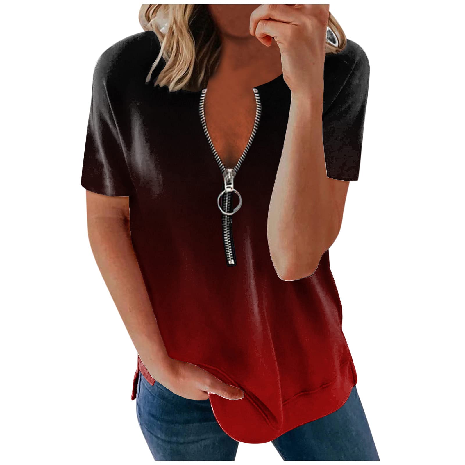 JQUEBGU Plus Size Women's Short Sleeve V-Neck Zipper Tops - Trendy Printed Loose Fit Casual Blouse Tee in Red | Perfect for Summer Outfits & Casual Wear