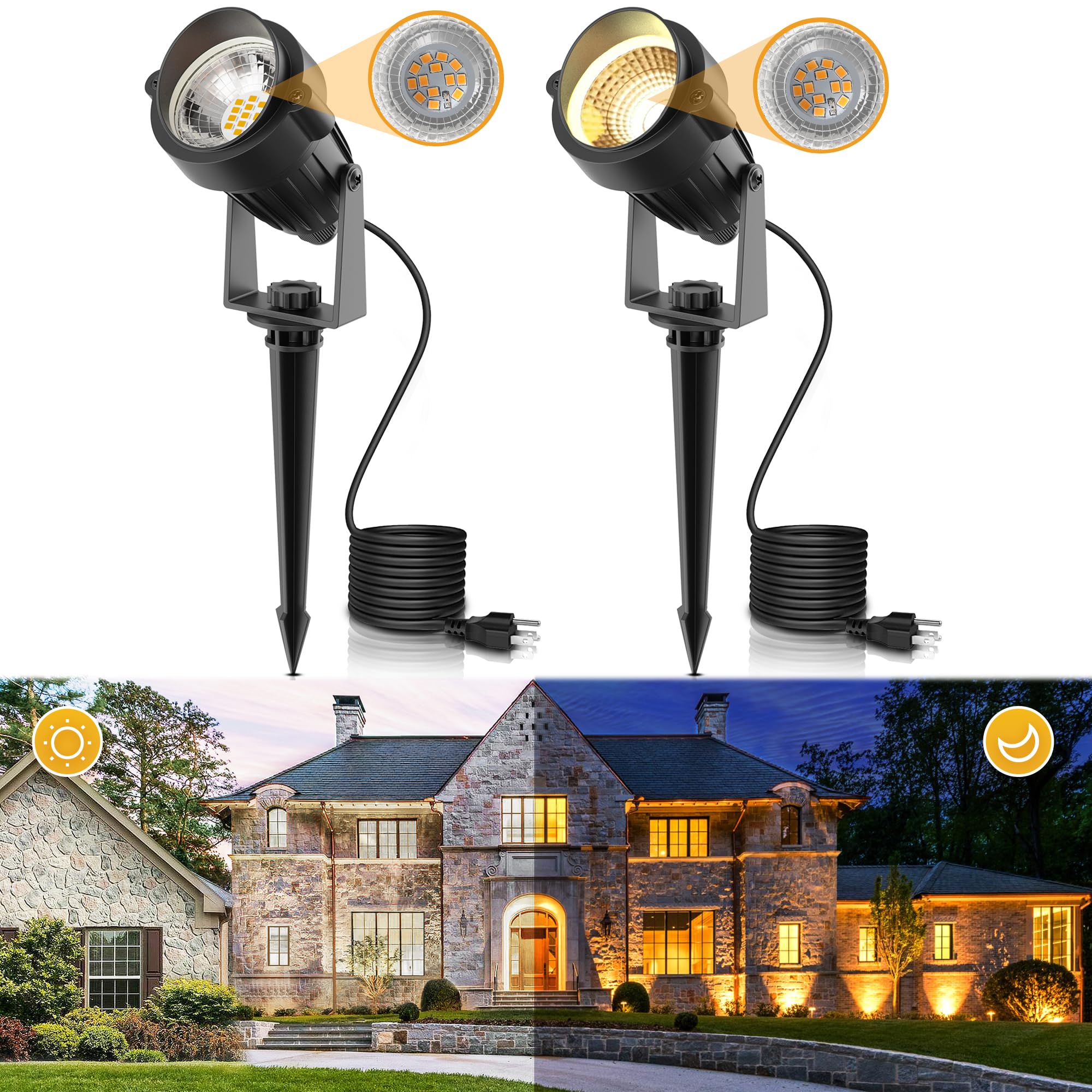 LOHAS 5W LED Landscape Spot Lights Outdoor, Dusk to Dawn Waterproof Yard Lighting, 120V 450LM IP66 Waterproof Spotlights for House (3000K Warm White, 9.84-ft Cord, UL Listed 2 Pack) - Perfect for Garden, Pathway, and Patio Illumination