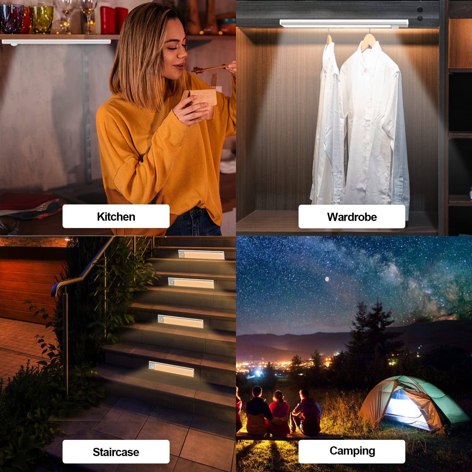 Under Cabinet LED Lights with Motion Sensor - 126 LED USB-C Rechargeable Wireless Closet Lights, Battery Operated Magnetic Adhesive Stick-On Light Strips for Kitchen, Wardrobe & Pantry (2 Pack) - Perfect for Nighttime Lighting and Dark Spaces