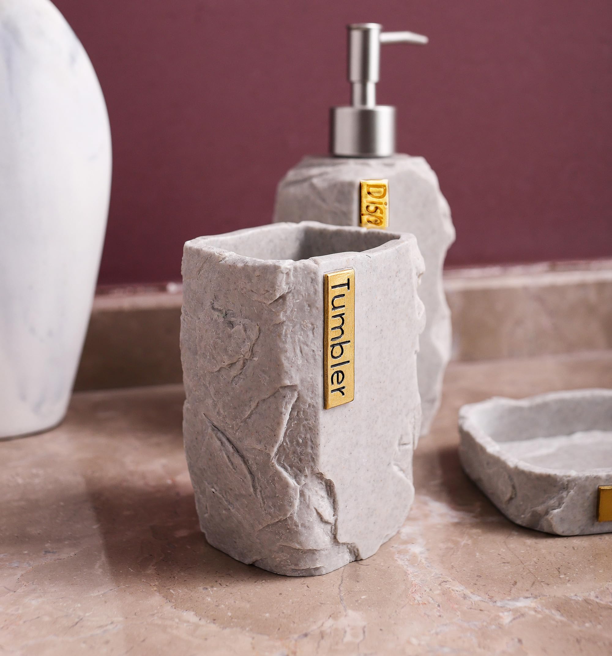 Hymmah Marble Bathroom Accessories Set - 4 Piece Farmhouse Decor with Toothbrush Holder, Soap Dispenser, Soap Dish & Tumbler | Modern Apartment Essentials for Bathroom Organization & Stylish Home Decor