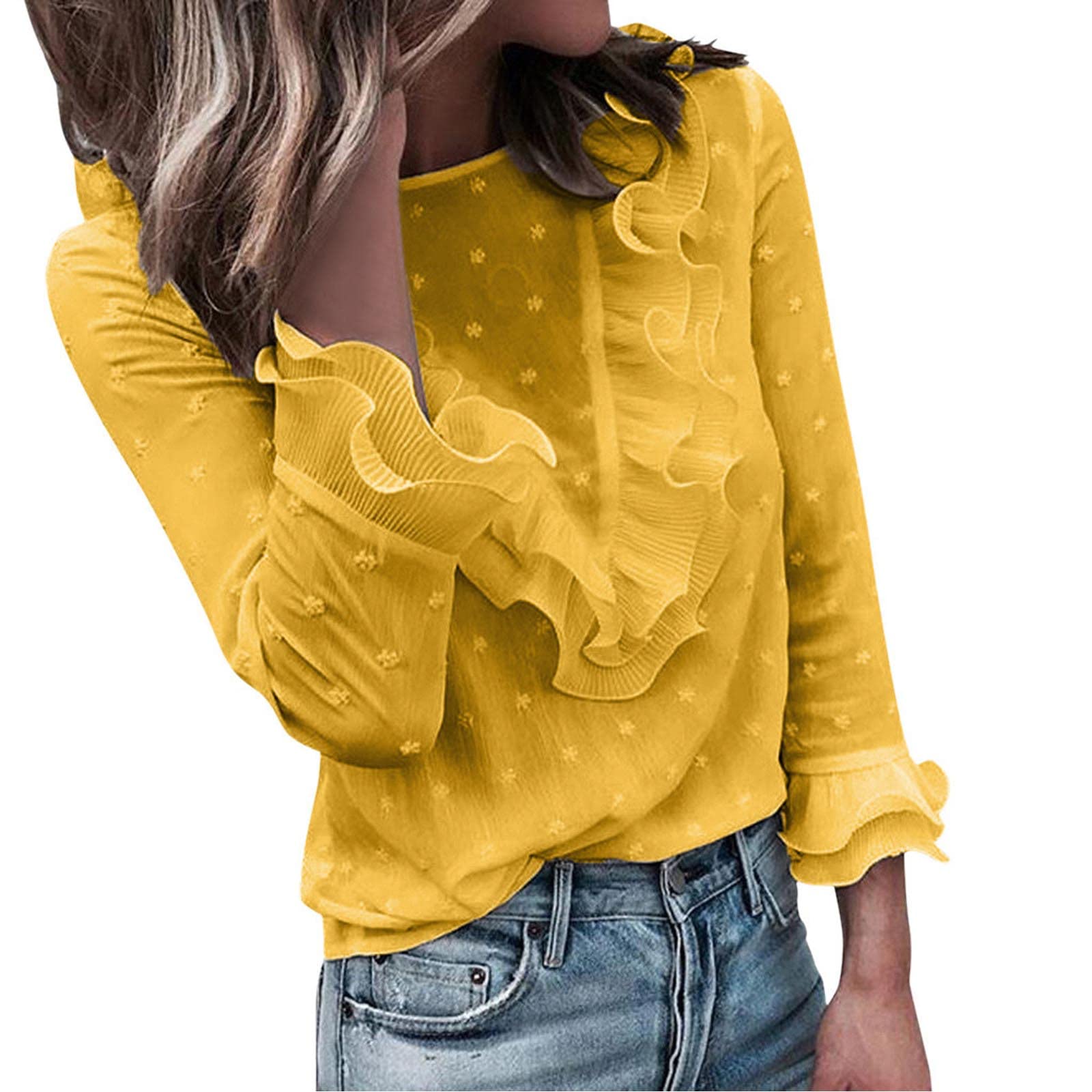Women's Casual Summer Tops - Lace Polka Dot O-Neck Long Sleeve Blouse for Work, Date Night & Everyday Wear