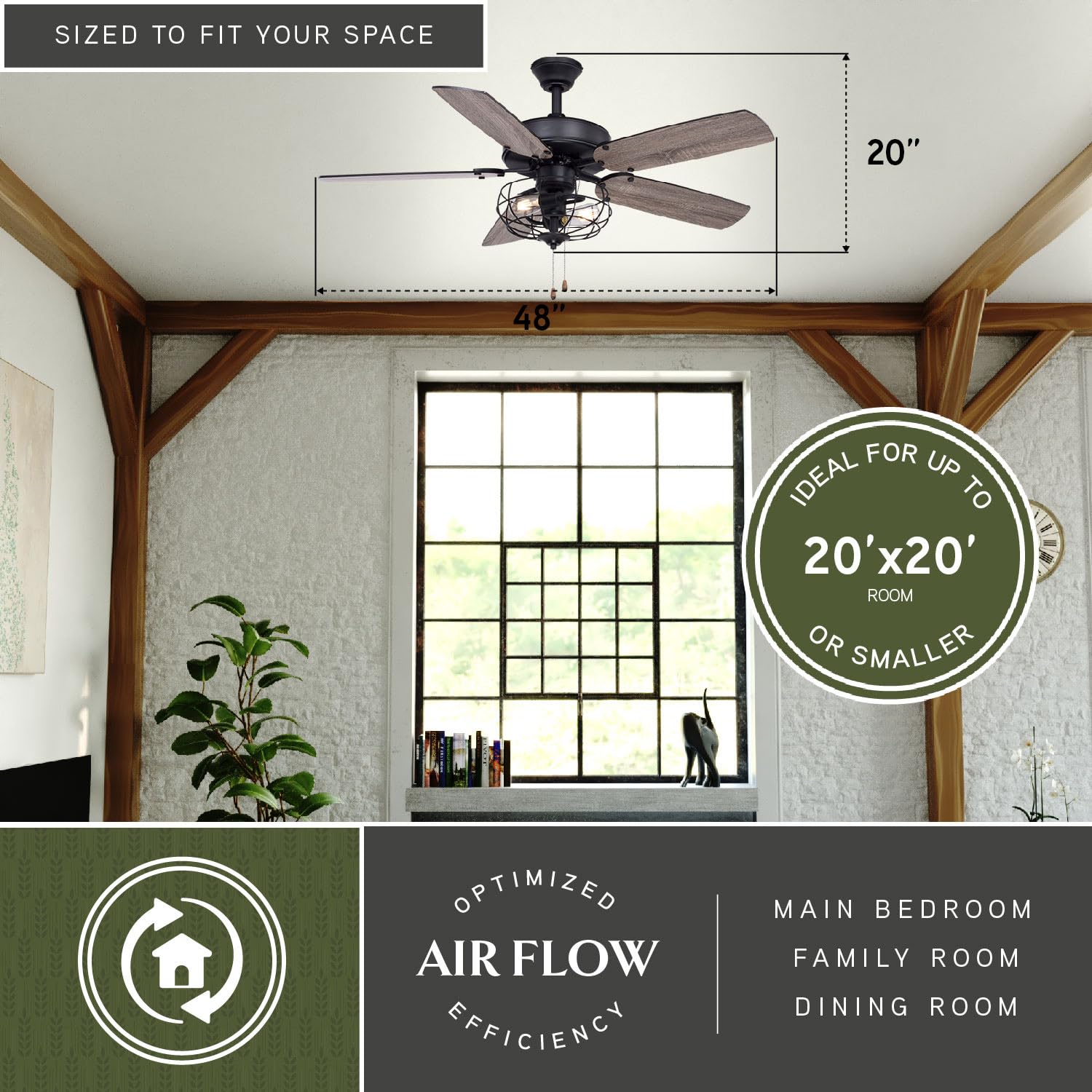 VAXCEL Reed 48-inch Matte Black Farmhouse Ceiling Fan with LED Cage Light Kit & Pull Chains - Perfect for Living Room, Bedroom, and Outdoor Covered Patio