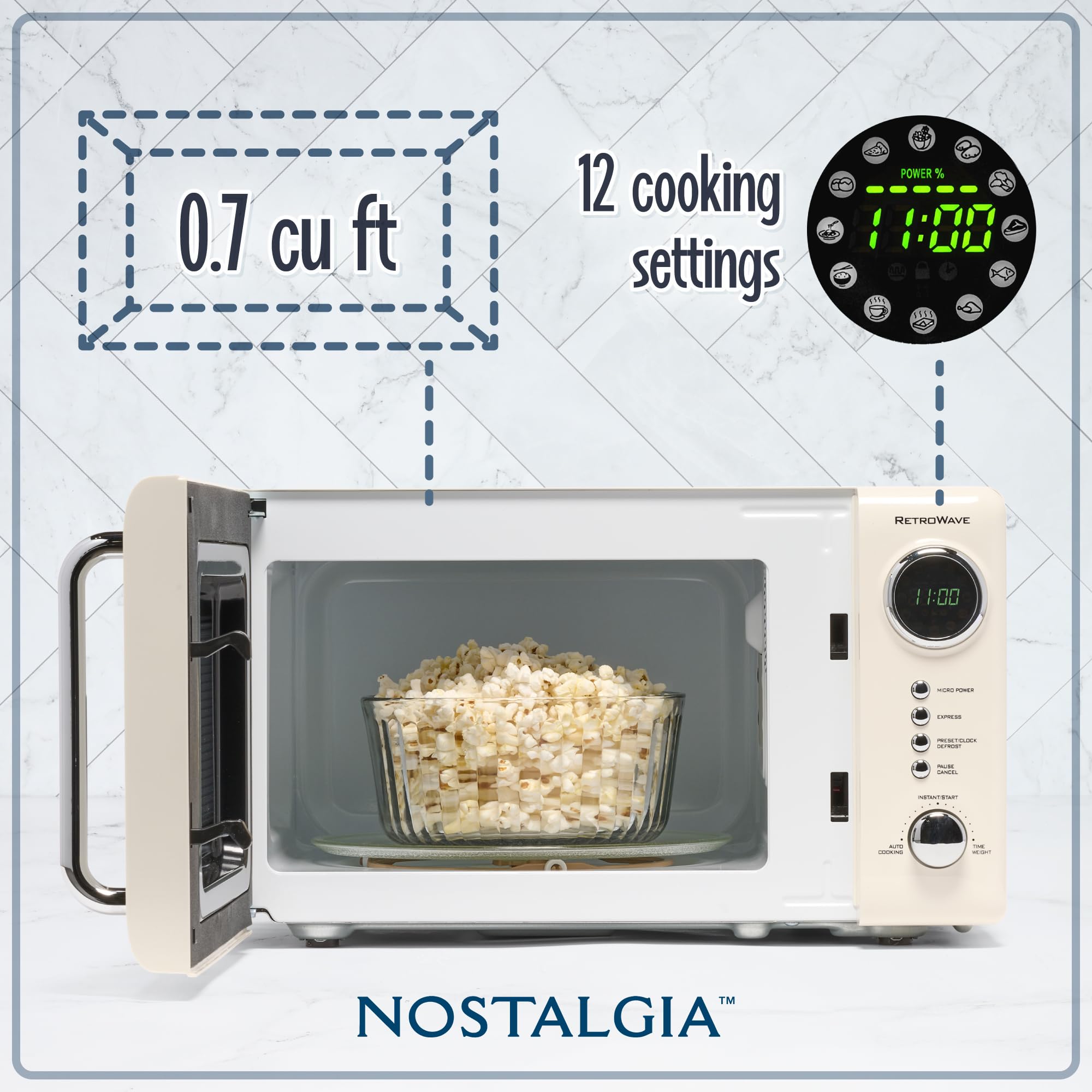 Nostalgia NRMO7IVY6A Retro Compact Countertop Microwave Oven - 0.7 Cu. Ft, Ivory White - Perfect for Small Kitchens, Dorms, Offices & RVs