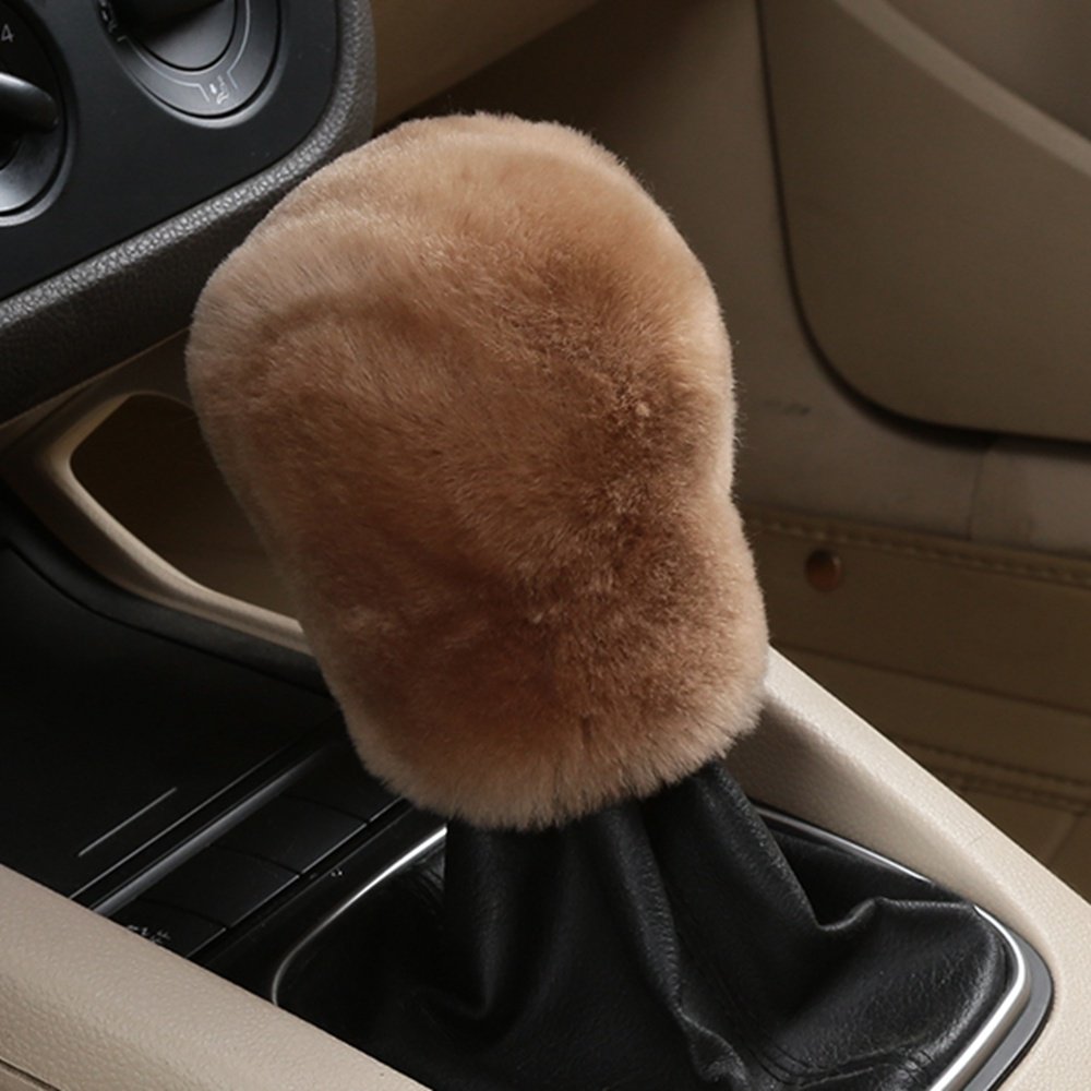 Dotesy 3-Piece Genuine Sheepskin Steering Wheel Cover Set with Gear Shift & Handbrake Covers - Universal 15 Inch Furry Car Accessories (Tan) | Soft Pure Wool for Comfort & Grip | Perfect for Winter Driving & Luxury Car Interiors