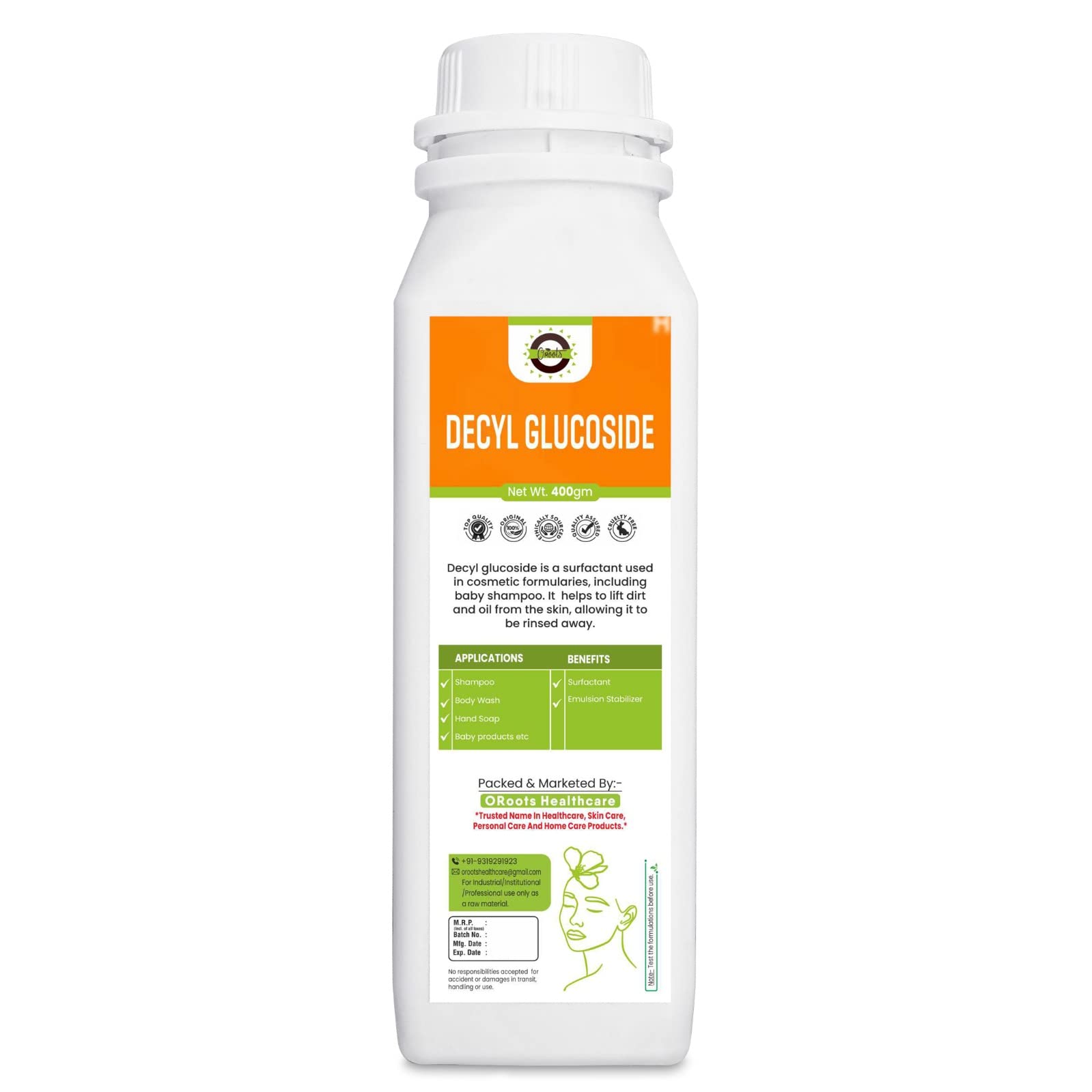 OROOTS DECYL GLUCOSIDE (400g) Natural Surfactant for Shampoo, Body Wash, Hand Soap & Baby Products | Gentle Cleansing Agent for Sensitive Skin & Eco-Friendly Cosmetics | Perfect for DIY Skincare, Organic Hair Care & Mild Baby Bath Products