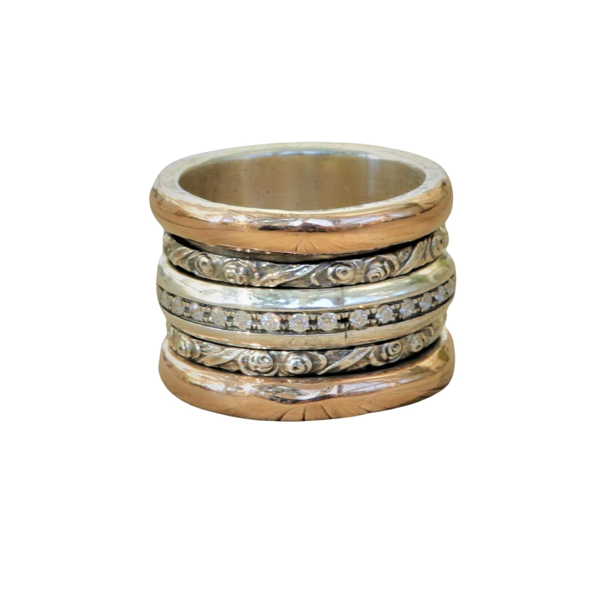 Rose Gold Spinner Ring for Women - 9K Gold & Silver Meditation Ring with Zircons, Wide Boho Wedding Band (Perfect for Stress Relief, Yoga, and Everyday Wear)
