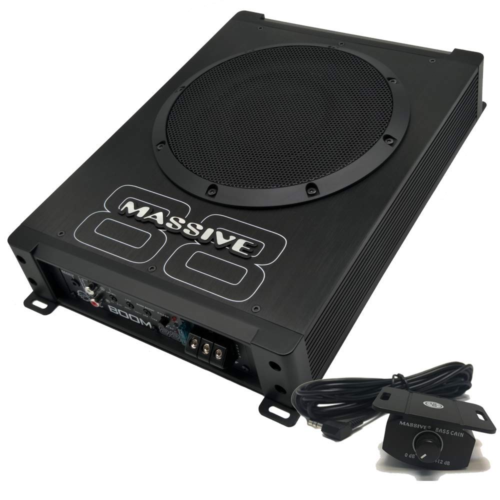 Massive Audio BOOM88 8 Inch 400W Powered Car Subwoofer - Slim Under Seat Woofer with Built-in Amplifier & Gain Remote - Compact Low Profile Design for Amazing Bass Sound - Perfect for Trucks, SUVs and Sedans