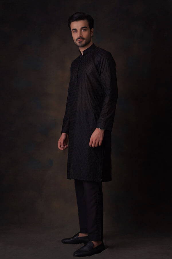 Jet Black Honeycomb Embroidered Cotton Sheer Kurta and Waistcoat Set for Women | Elegant Indian Ethnic Outfit | Perfect for Festivals, Weddings & Special Occasions