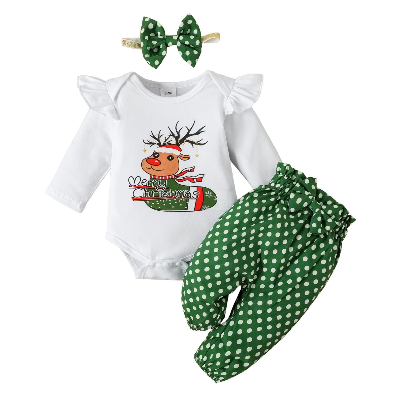 **Baby Christmas Outfit - Long Sleeve Cartoon Deer Printed Romper & Dot Pants Set for Boys & Girls (0-12 Months) - Holiday Photo Shoot, Family Gathering, Newborn Gift**