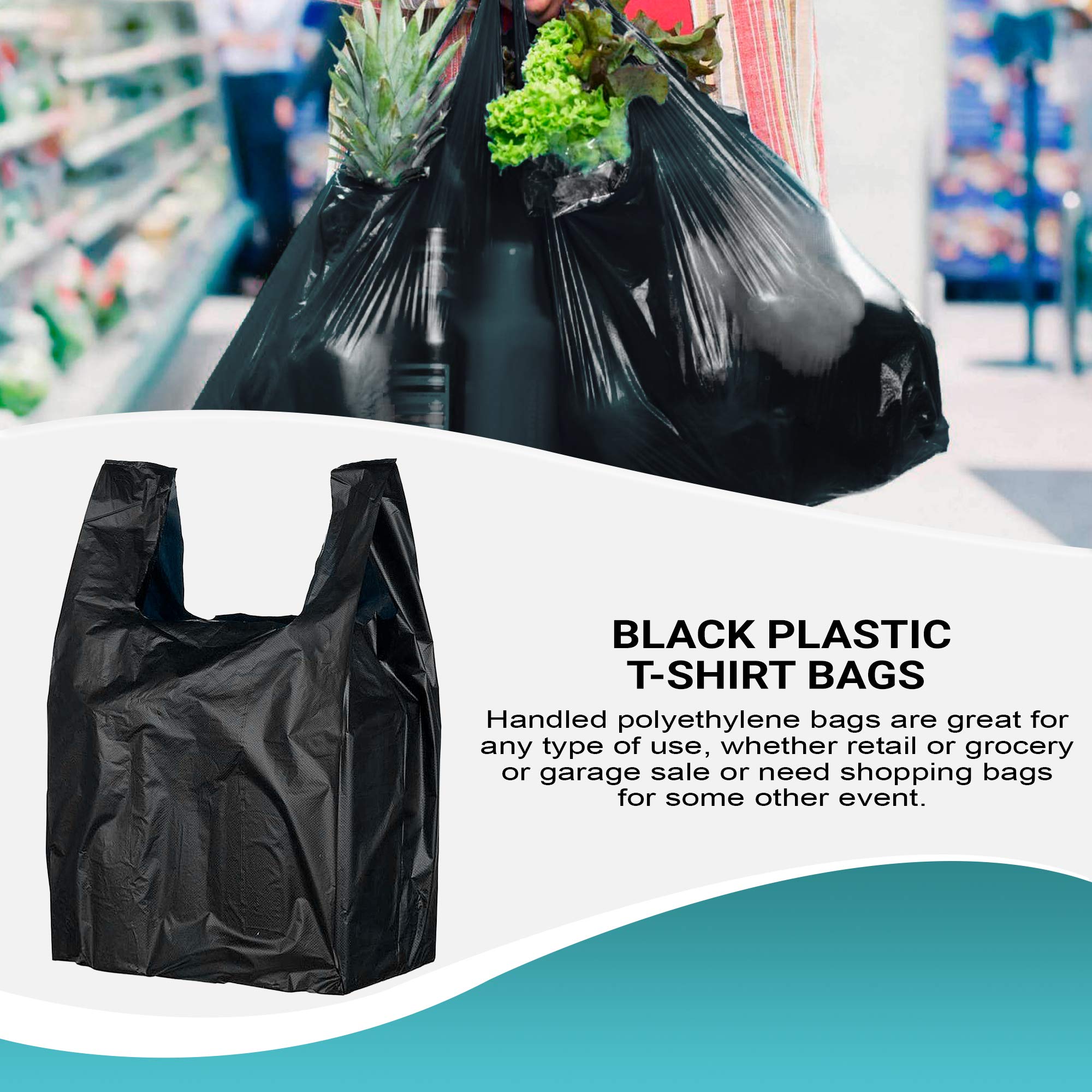 APQ 500 Pack Black Plastic Shopping Bags 15x7x26 Inches - 0.65 Mil Thickness Unprinted T-Shirt Bags with Handles for Retail, Grocery & Clothing Stores | Durable Polyethylene Carry Out Bags for Shopping, Packaging & Store Merchandise
