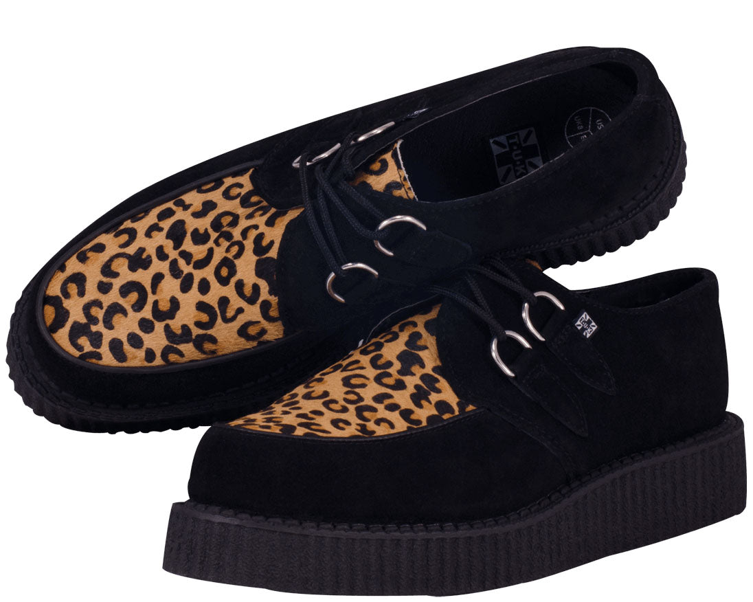 T.U.K Mountain Cat Black Suede & Leo Low Sole Creeper Shoes - Punk Rock Vintage Style for Women & Men | Perfect for Concerts, Night Out, and Alternative Fashion