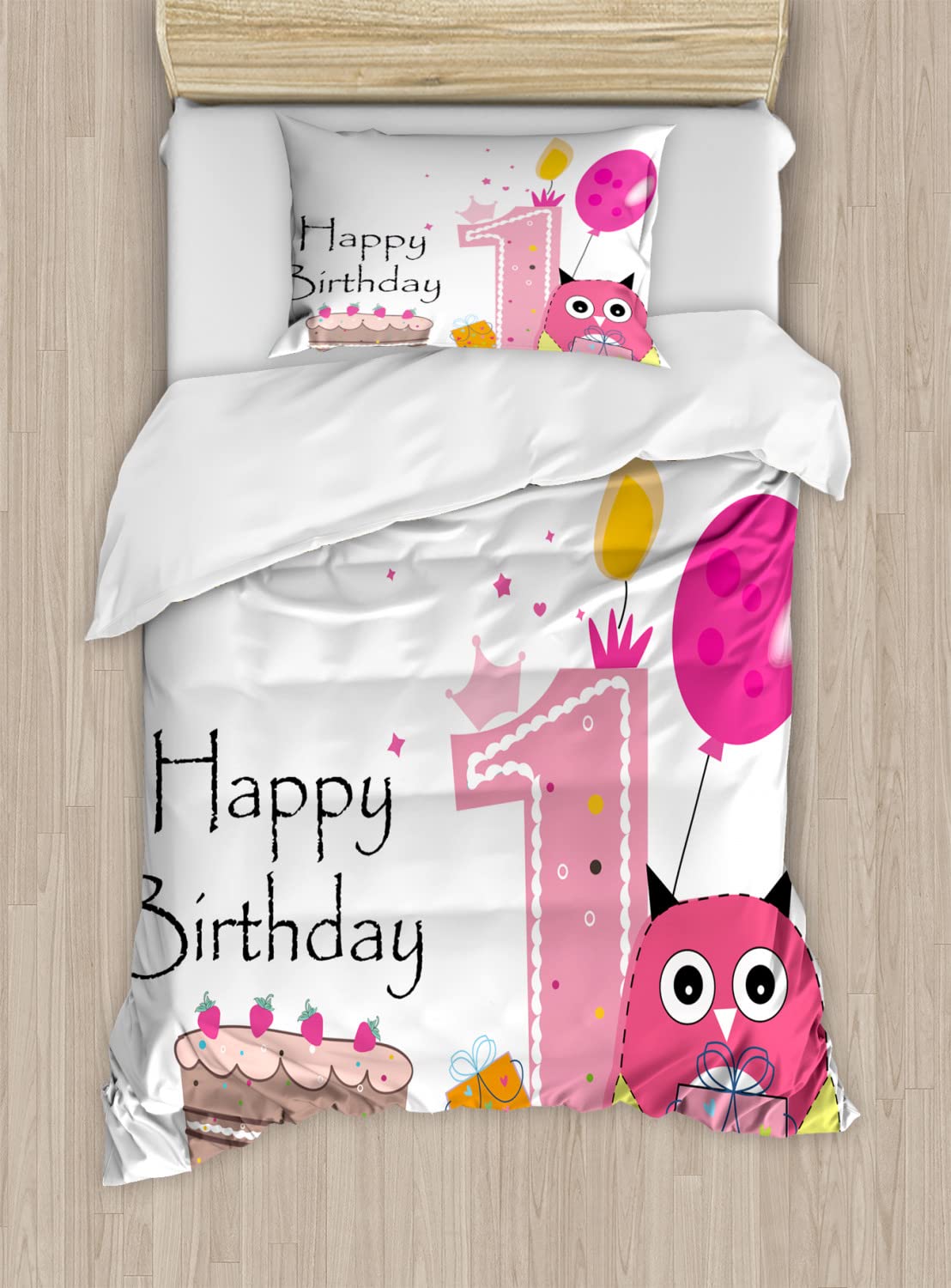 Ambesonne 1st Birthday Duvet Cover Set - Cartoon Owl Design with Cake & Candle - 2 Pack California King Size Bedding (Brown, Hot Pink, Pink) for Kids Room Decor & Birthday Party Theme