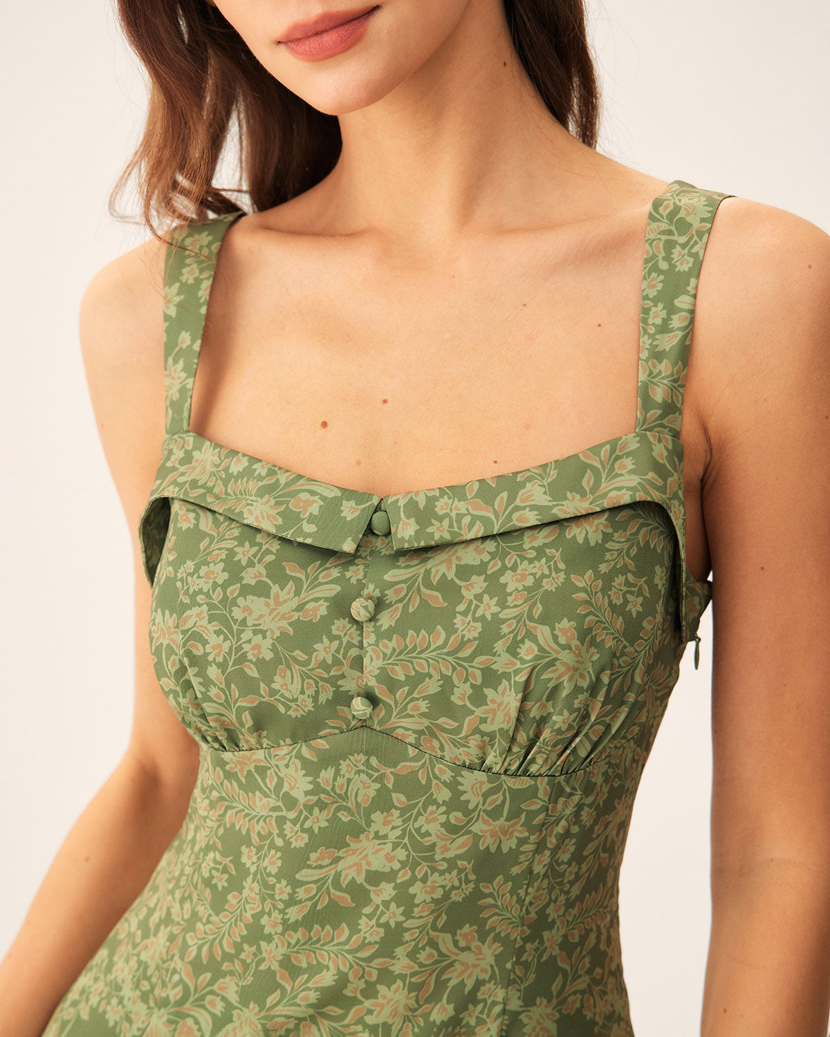 Elegant Green Floral Square Neck Slip Midi Dress for Women - Perfect for Summer Weddings, Garden Parties & Date Nights