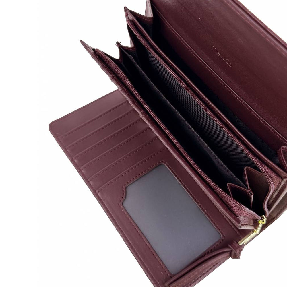 Mel&Co Genuine Leather Crocodile Embossed Tri-Fold Long Wallet for Women - Wine Red (MF2001EC) | Stylish RFID Blocking Billfold for Everyday Use, Travel & Gift Giving