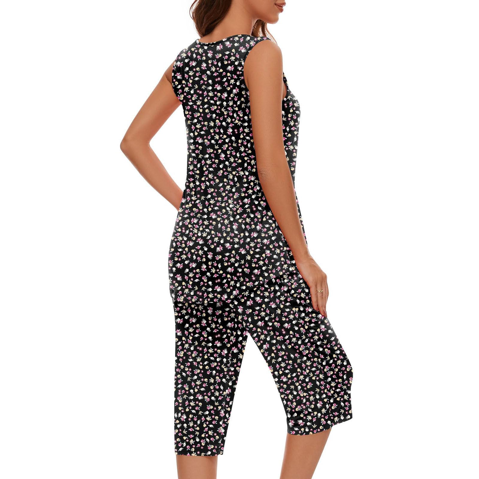 Women's 2-Piece Floral Print Pajama Set - Sleeveless Tank Top & Capri Pants | Soft Summer Sleepwear & Lounge Wear for Comfortable Nights & Relaxing at Home