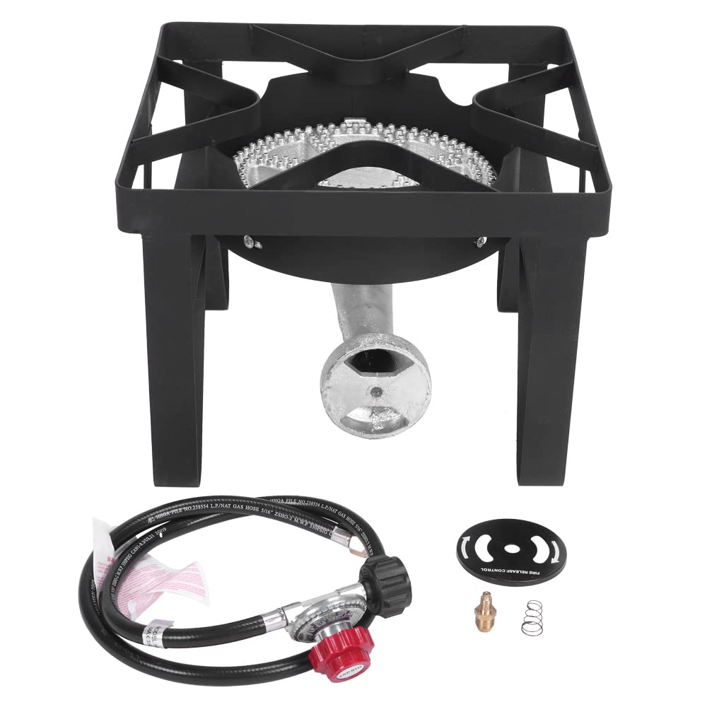 Heavy Duty 200,000 BTU/hr Propane Burner Stove with Adjustable 0-20 PSI Regulator & 4ft Hose - Outdoor Cooking, Turkey Frying, Home Brewing, Camping & Backyard BBQ - Commercial Grade Square Burner for High Heat Needs
