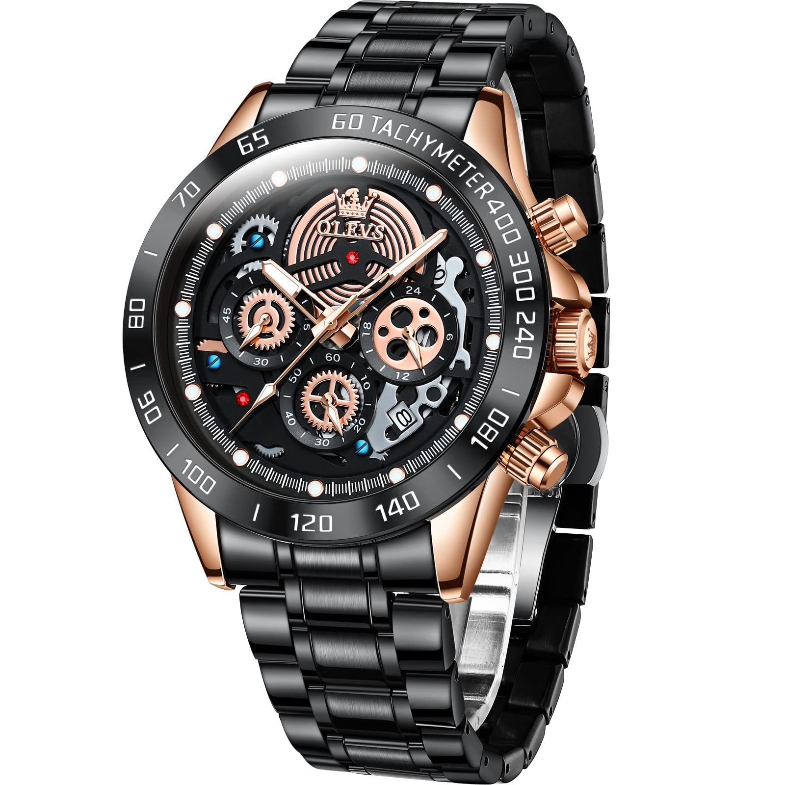 OLEVS Men's Big Waterproof Black Metal Watch with Screw Down Crown - Chronograph, Multifunction Stainless Steel Sports Watch for Outdoor, Diving & Casual Wear