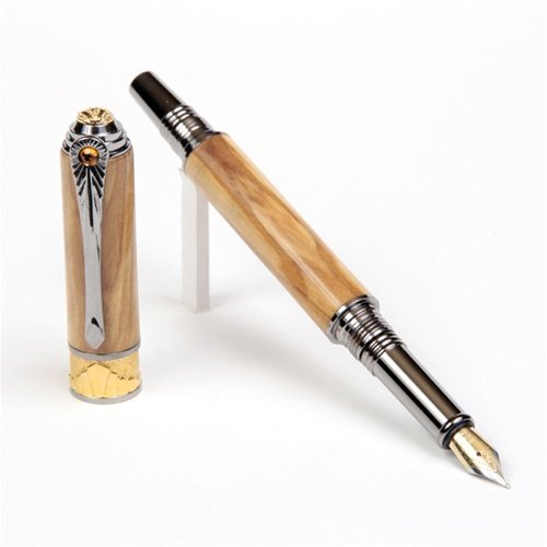 Lanier Art Deco Fountain Pen - Premium Black Titanium & 22kt Gold Trim with Olivewood Barrel - Luxury Writing Instrument for Business Gifts & Collectors