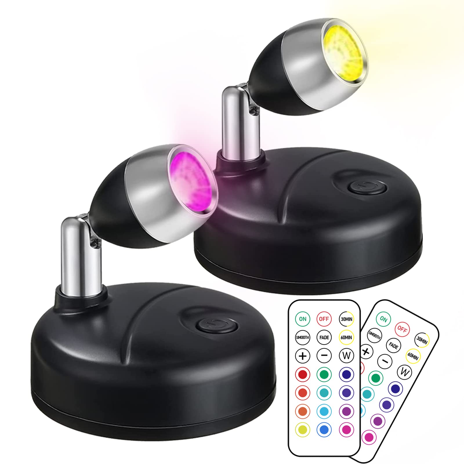 Klarlight 2 Pack Mini RGB Battery Operated LED Spotlights - Wireless Remote Control, 13 Color Changing Stick-On Lights for Cabinet Art Display, Vans Party Ambience & Home Decor Lighting