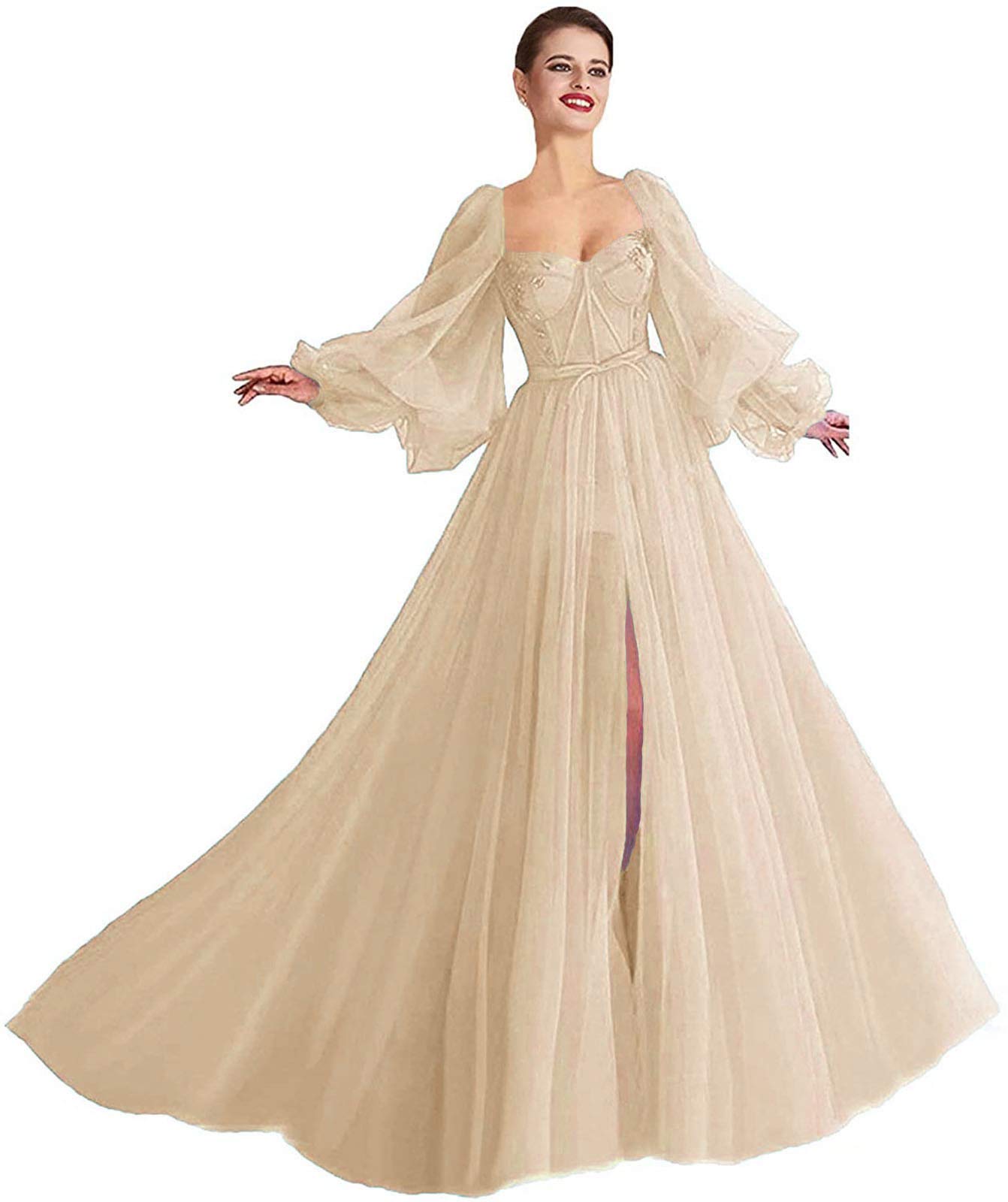 Elegant Women's Long Puffy Sleeve Prom Dress with Split Pleated Tulle - Formal Evening Ball Gown for Homecoming, Wedding, Quinceañera & Special Occasions