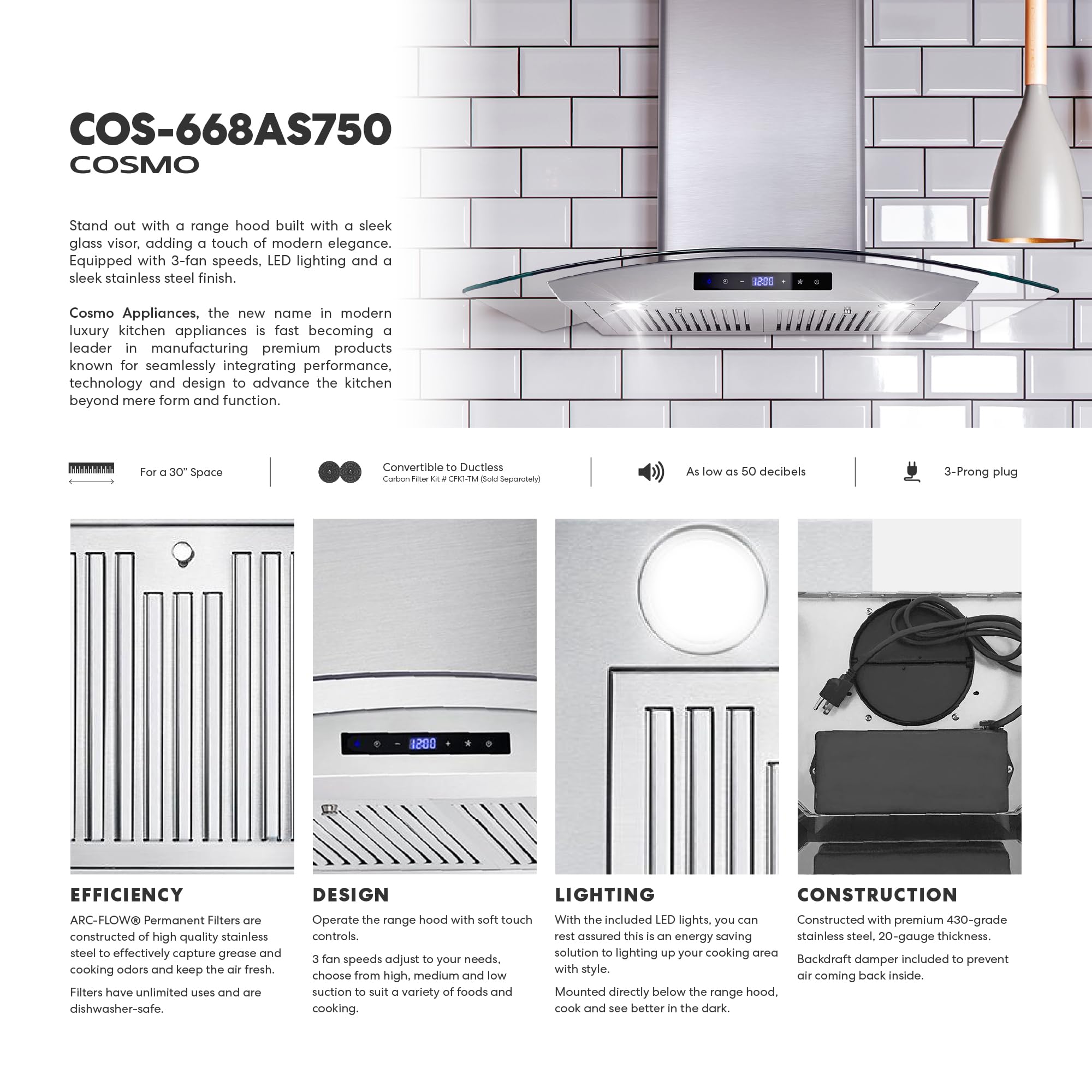 COSMO COS-668AS750 30-inch Stainless Steel Wall Mount Range Hood with 380 CFM Ducted Ventilation, Touch Controls & LED Lights - Perfect for Modern Kitchens & Open-Concept Homes