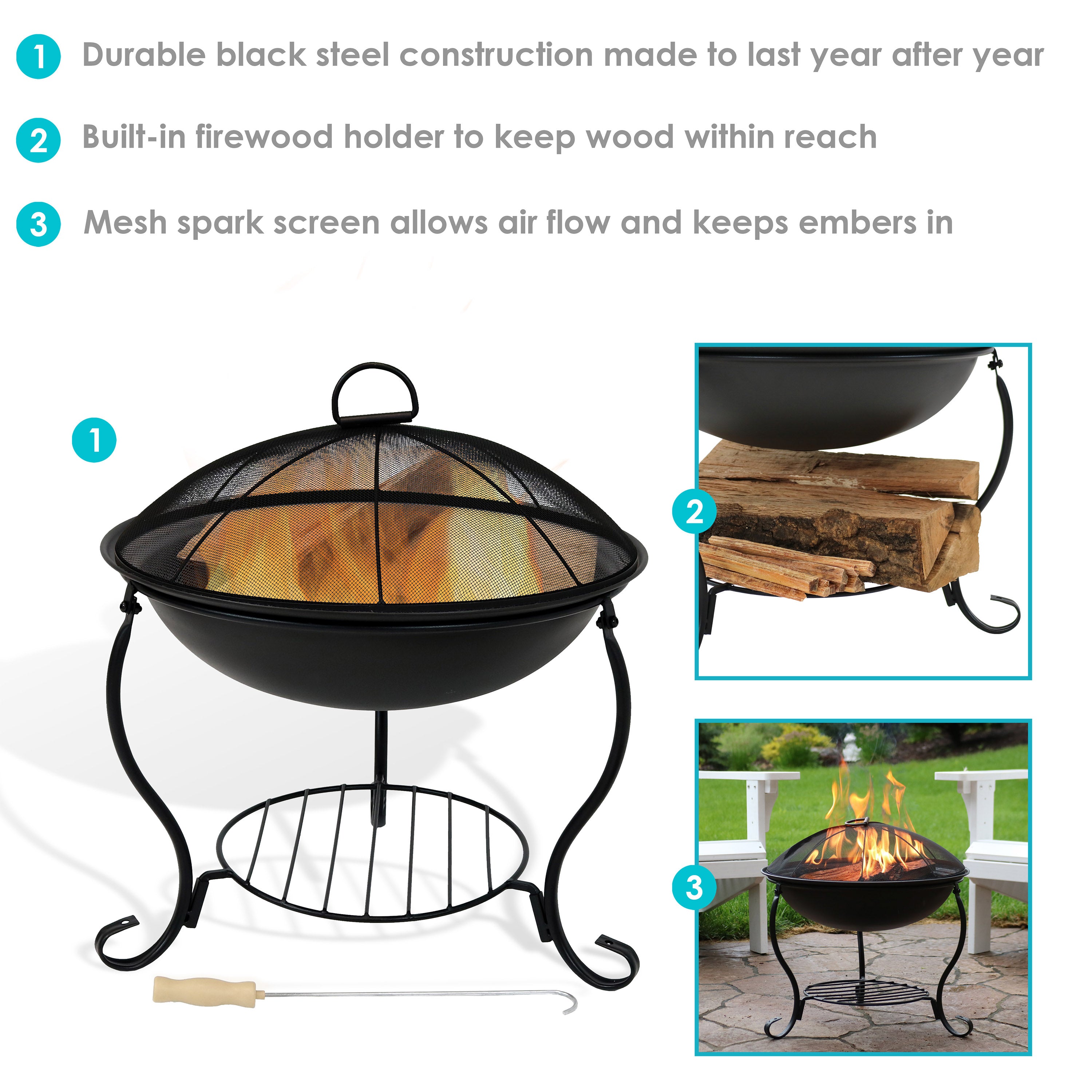 Elegant Steel Fire Pit with Spark Screen - 18 Inch Outdoor Fire Pit for Backyard, Patio, and Camping - Sunnydaze Durable & Stylish Fire Pit