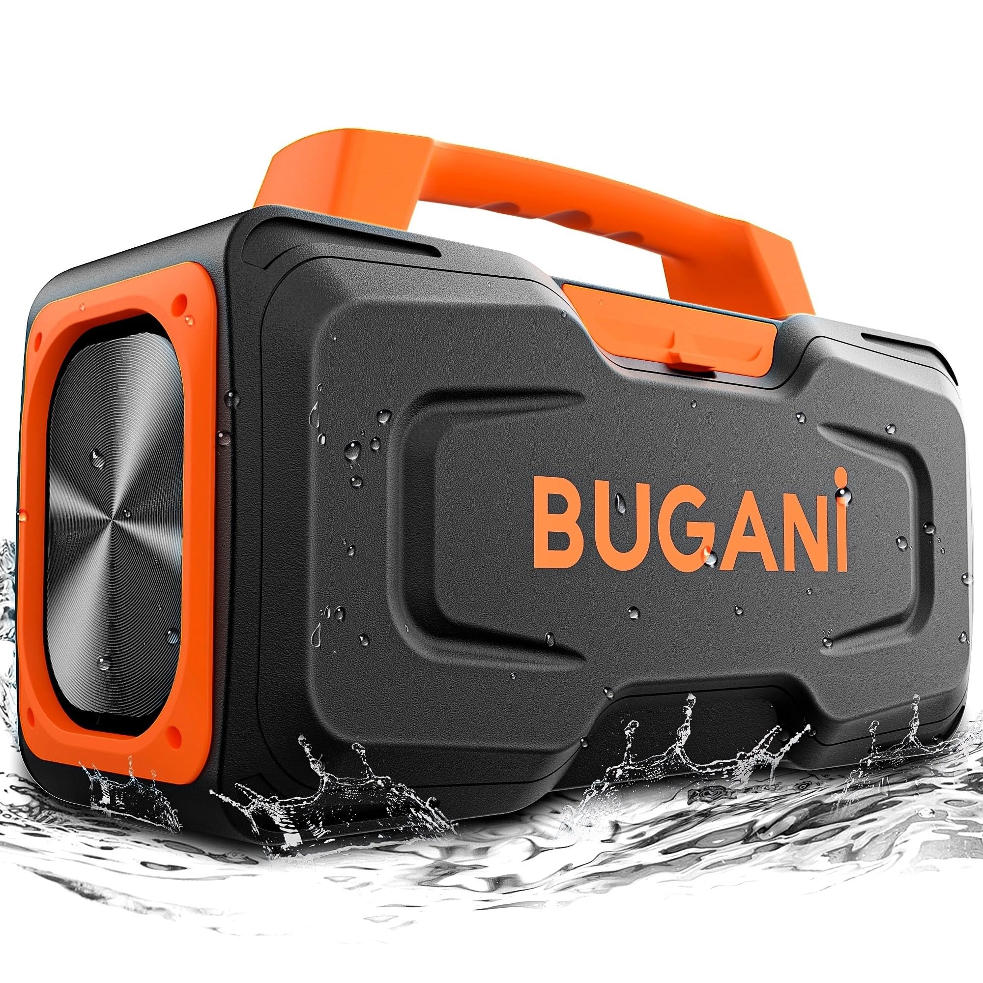 BUGANI 80W Bluetooth Speaker, IPX7 Waterproof Portable Wireless Speaker with Handle - 24H Playtime, AUX/USB, Karaoke Mic Support - Perfect for Outdoor Parties, Poolside, Beach, Camping & Home Karaoke