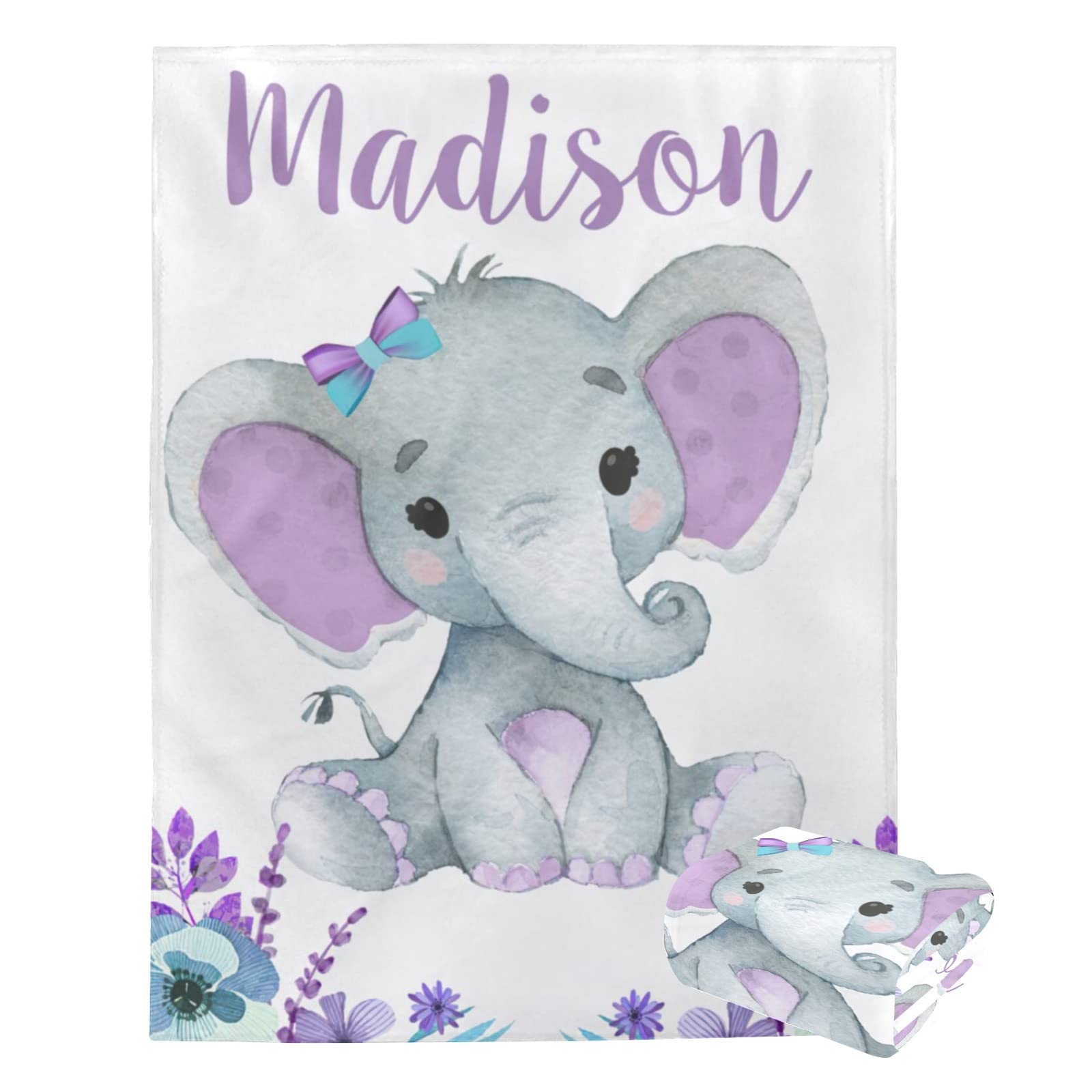 Personalized Baby Blankets for Girls with Name - Custom Embroidered Soft Flannel Receiving Blanket for Newborns (60x80 inches) - Perfect for Nursery, Christening Gifts & Photo Shoots - Purple Elephant Design