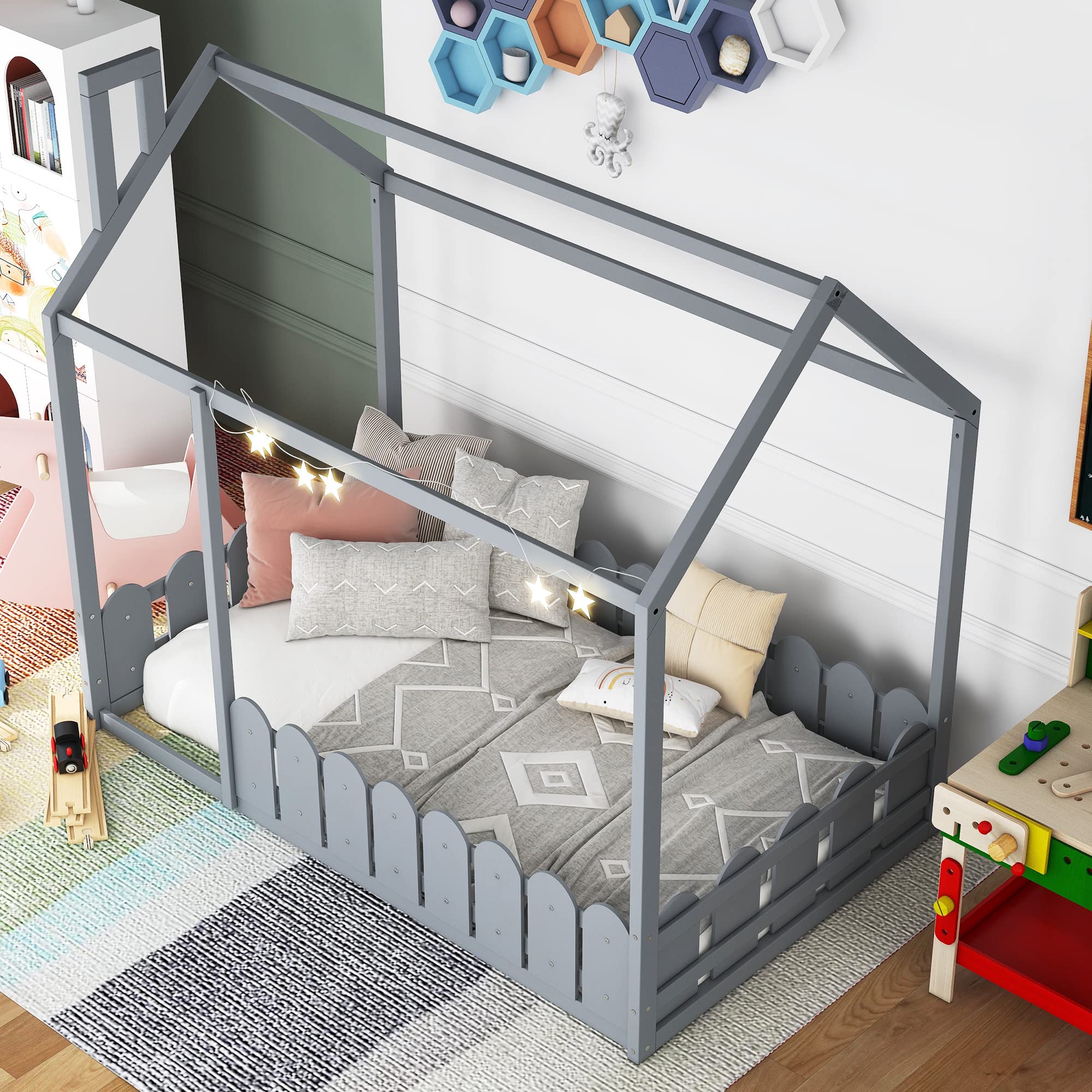 Montessori Floor Bed for Kids - Twin Size Solid Wood House Bed Frame with Fence & Roof | Playhouse Bed for Girls, Boys & Teens | Gray Twin | Perfect for Montessori Bedrooms, Playrooms & Cozy Sleep Spaces