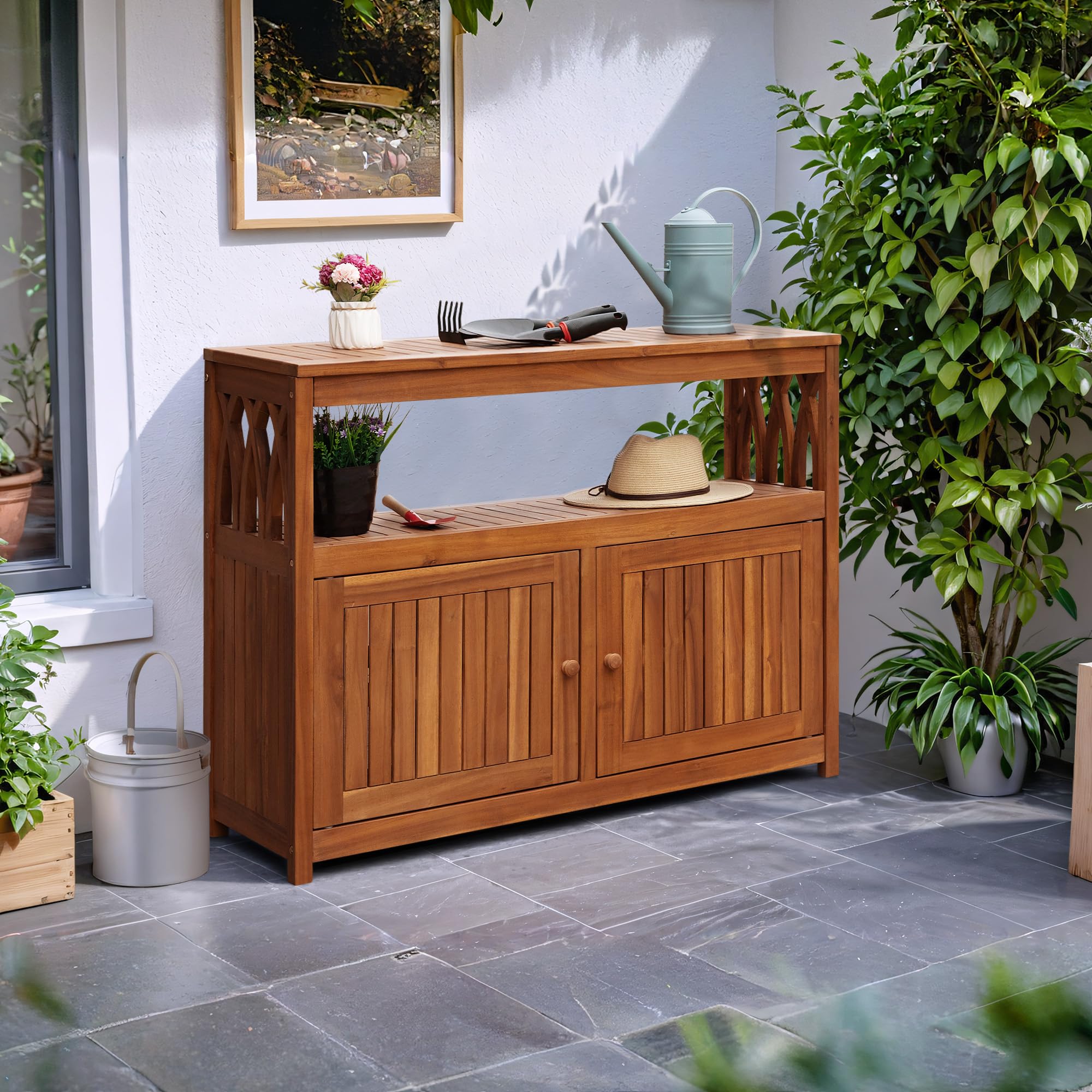 **Weatherproof Acacia Wood Outdoor Storage Cabinet with 2 Magnetic Doors – Ideal for Patio, Garden, Backyard, TV Stand, Bar Table & Potting Bench (Brown)**