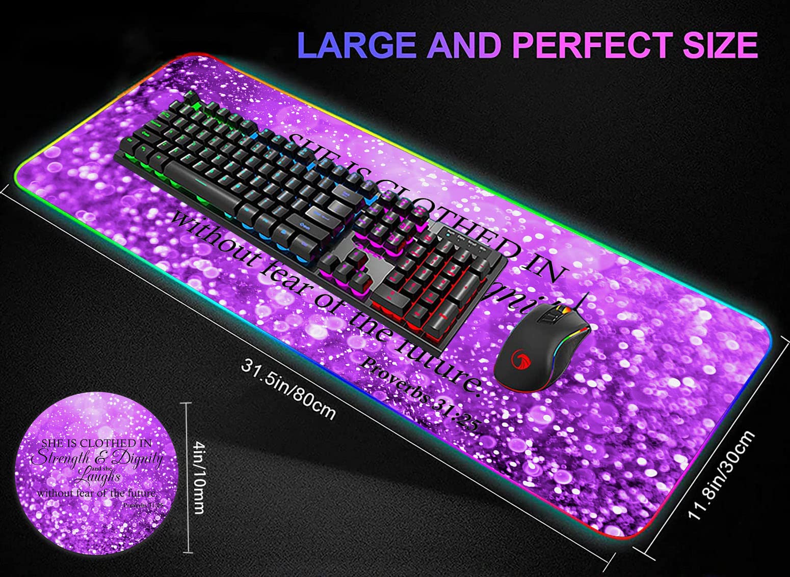 RGB LED Gaming Mouse Pad with Purple Sparkles - Large Non-Slip Waterproof Desk Mat for Keyboard & Mouse - Bible Verse Proverbs 31:25 Design - Perfect for PC Gaming, Office Work & Home Computer Setup