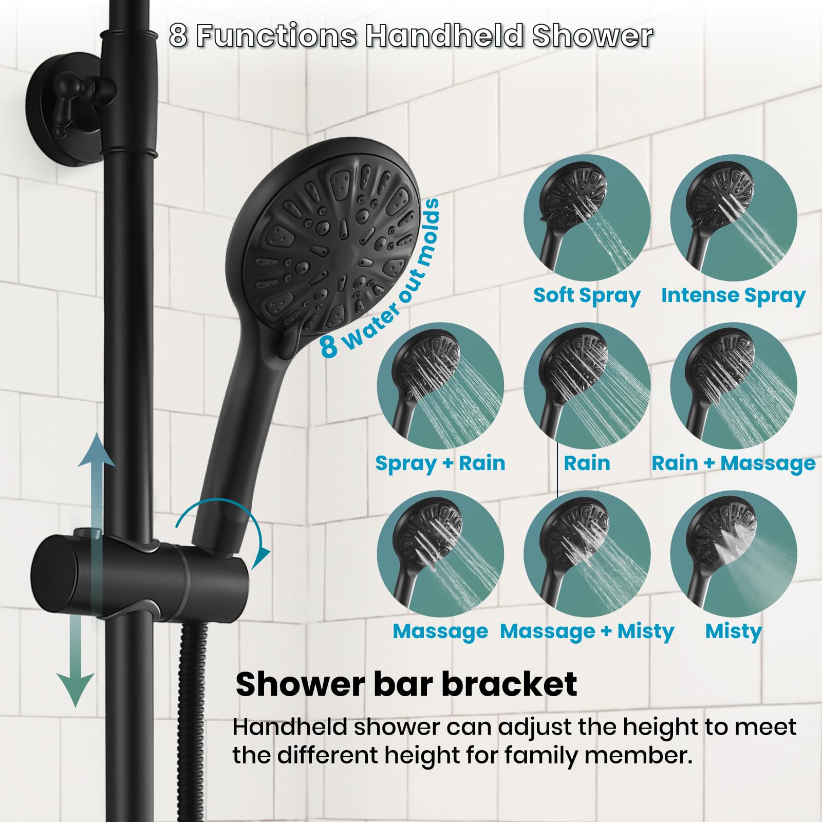 Gotonovo Matte Black 8-Inch Rainfall Shower System - Triple Function ABS Shower Head, Tub Spout & Handheld Spray Combo with Round Handle | Perfect for Modern Bathroom Renovations & Spa-Like Shower Experience