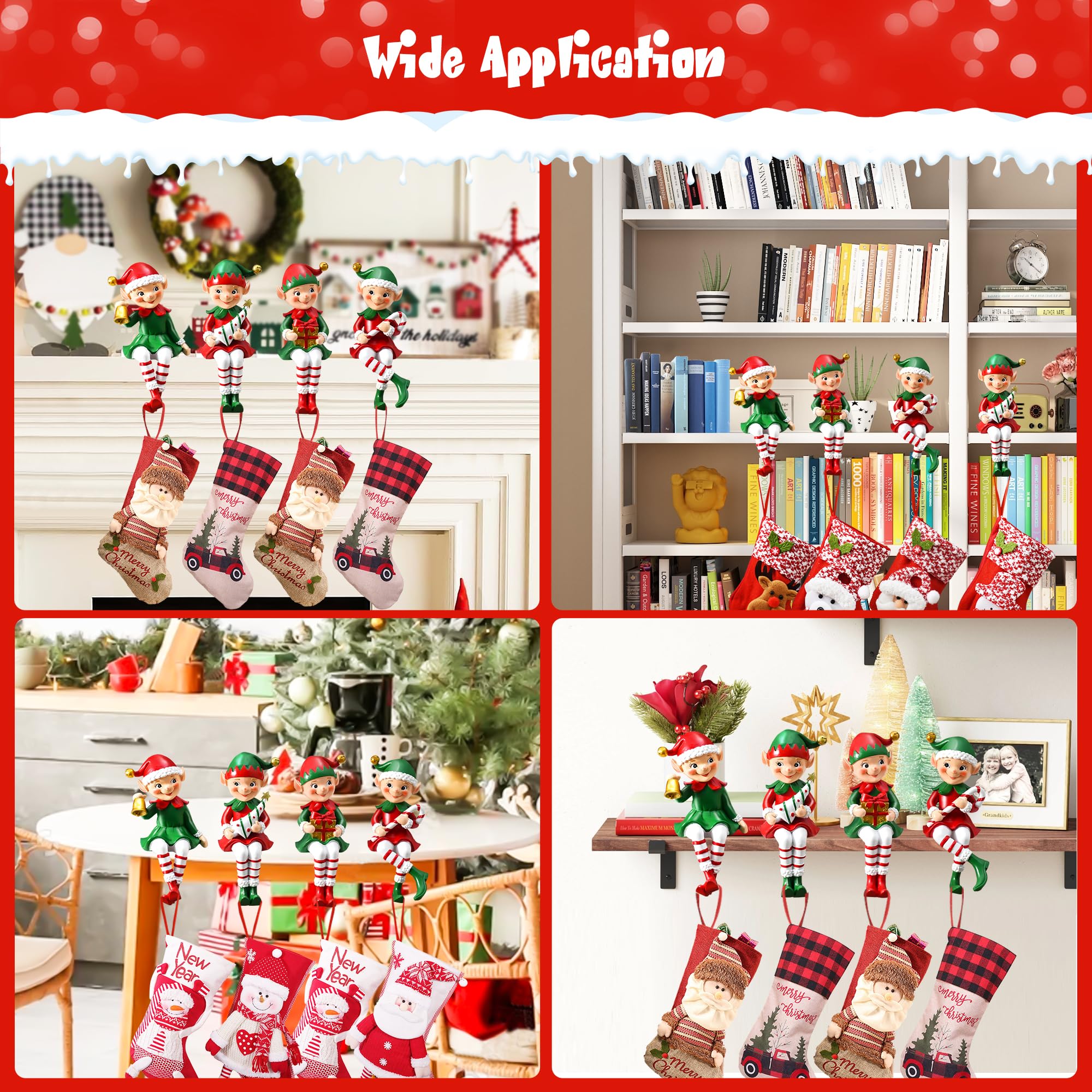 Christmas Stocking Holders for Mantel - Set of 4 Non-Slip Elf Hangers with Hand-Painted Design | Fireplace Decorations for Holiday Home Décor | Perfect for Christmas Tree, Gift Exchange & Family Gatherings