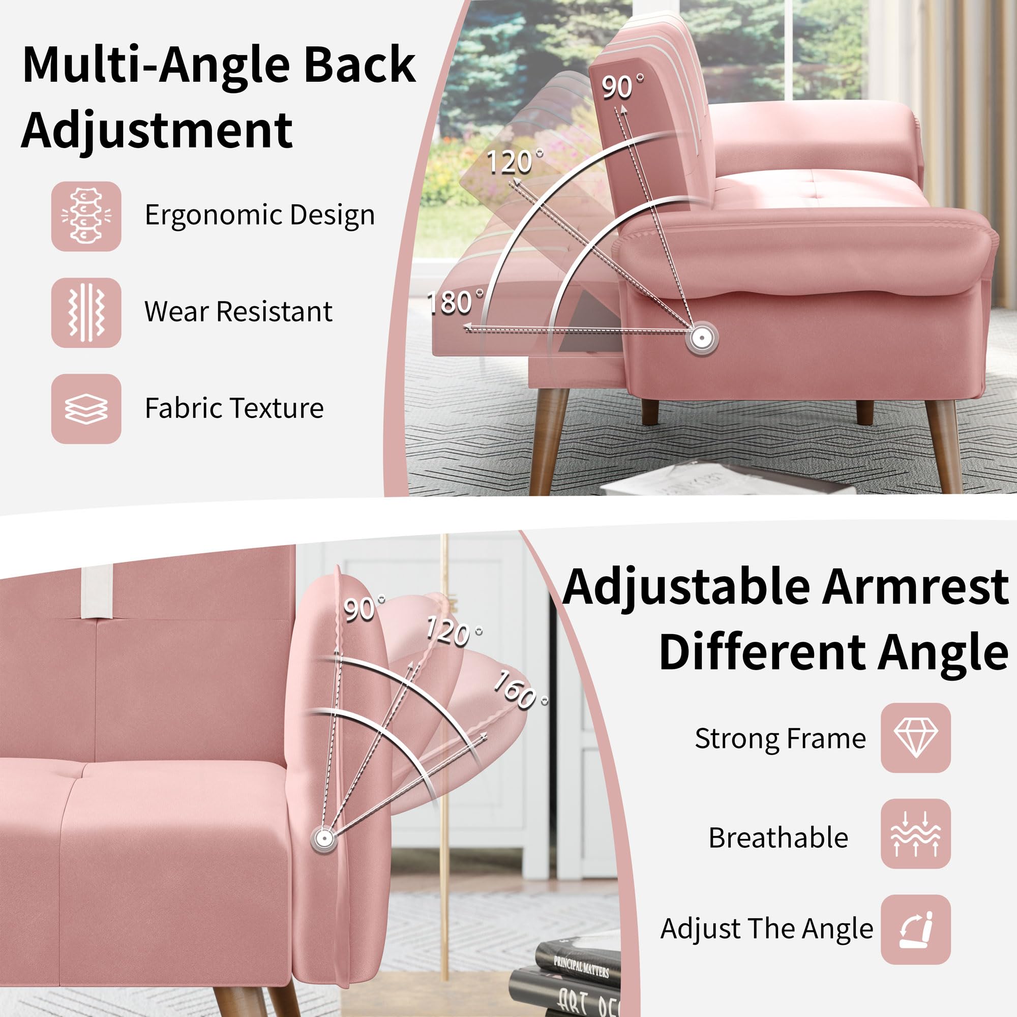 Shintenchi Modern Velvet Futon Sofa Bed - Convertible Folding Sleeper Couch for Small Spaces, Living Room, Apartment & Office - Adjustable Armrests & Backrest - Pink (Perfect for Guest Room, Studio & Dormitory)
