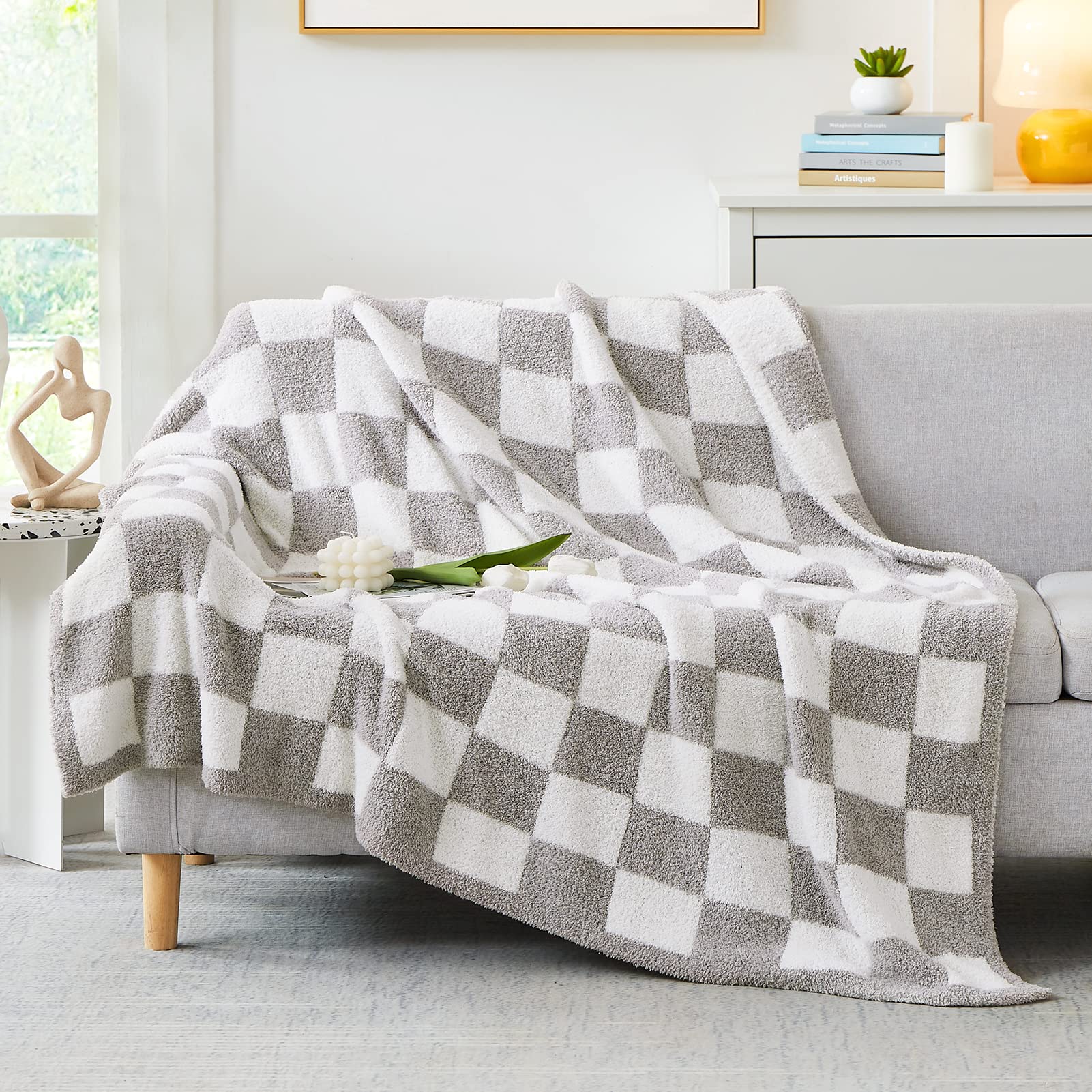 WRENSONGE Checkered Throw Blanket - Light Grey Soft Fluffy Warm Handmade Blanket for Couch, Sofa, Bed & Travel - 50x70 Inch Cozy Blanket for Home, Camping, Picnic & Gifts | Perfect for Snuggling, Decor & Outdoor Adventures
