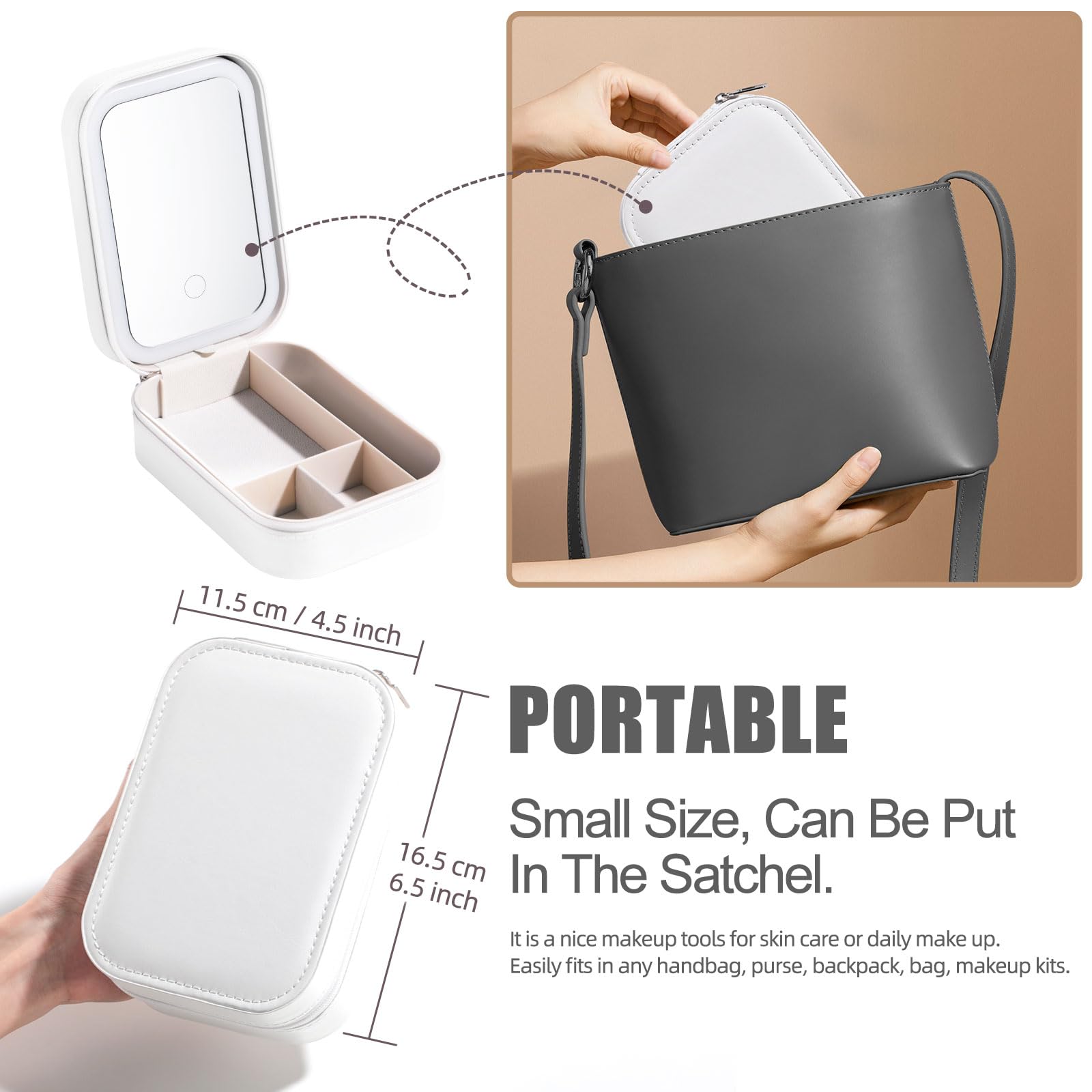 BS-MALL LED Makeup Mirror Case - Travel Cosmetic Storage for Brushes & Tools (White) - Perfect for On-the-Go Beauty