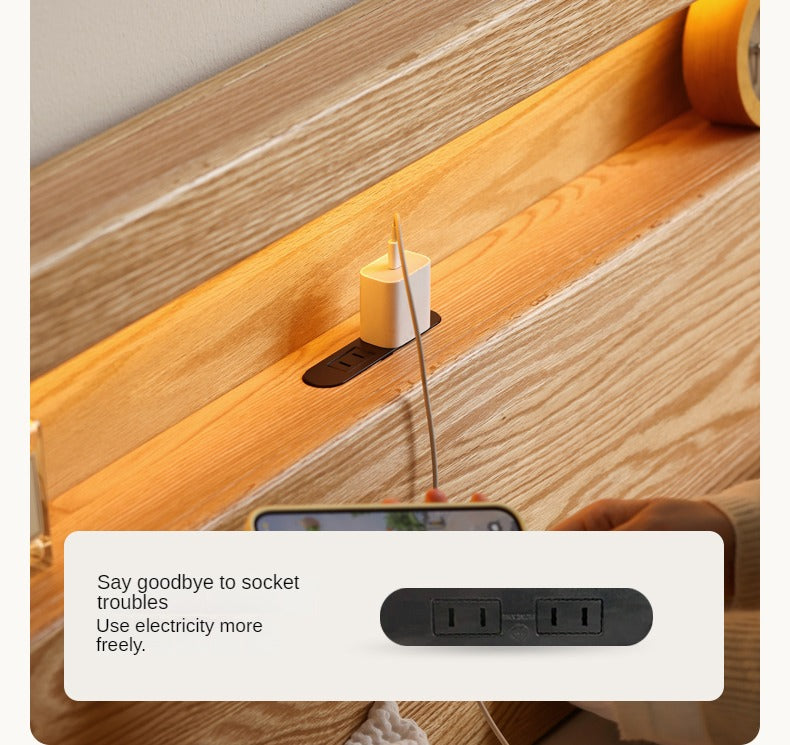 Solid Oak and Beech Wood Bed with Built-in LED Lights and Bookshelf - Modern Bedroom Furniture for Small Spaces, Lofts, and Studio Apartments