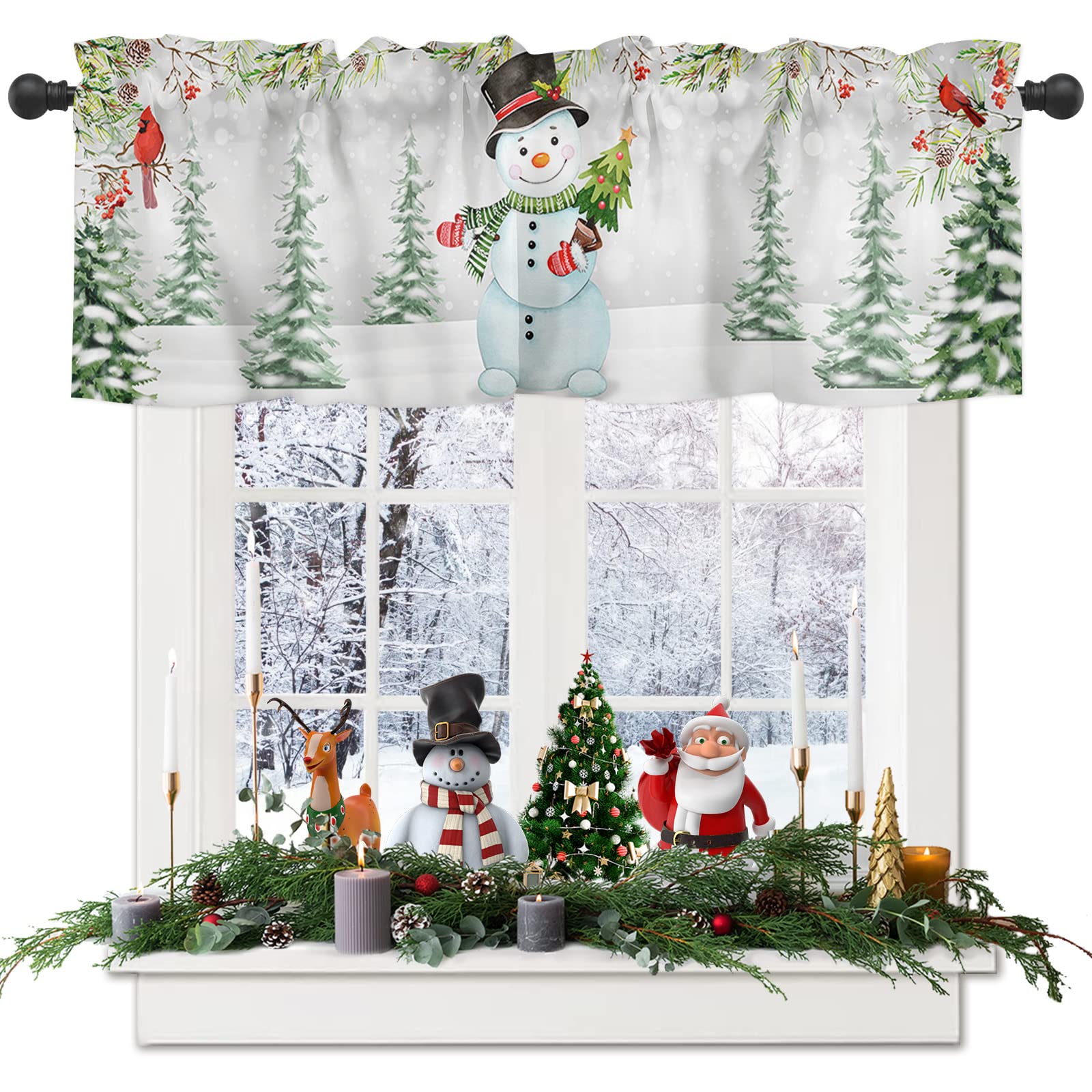 Christmas Snowman Window Valances - Red Cardinal Bird & Tree Holiday Kitchen Curtains - Rod Pocket Short Topper (54x18 Inches) - Perfect for Winter, Christmas Decor & Seasonal Home Staging