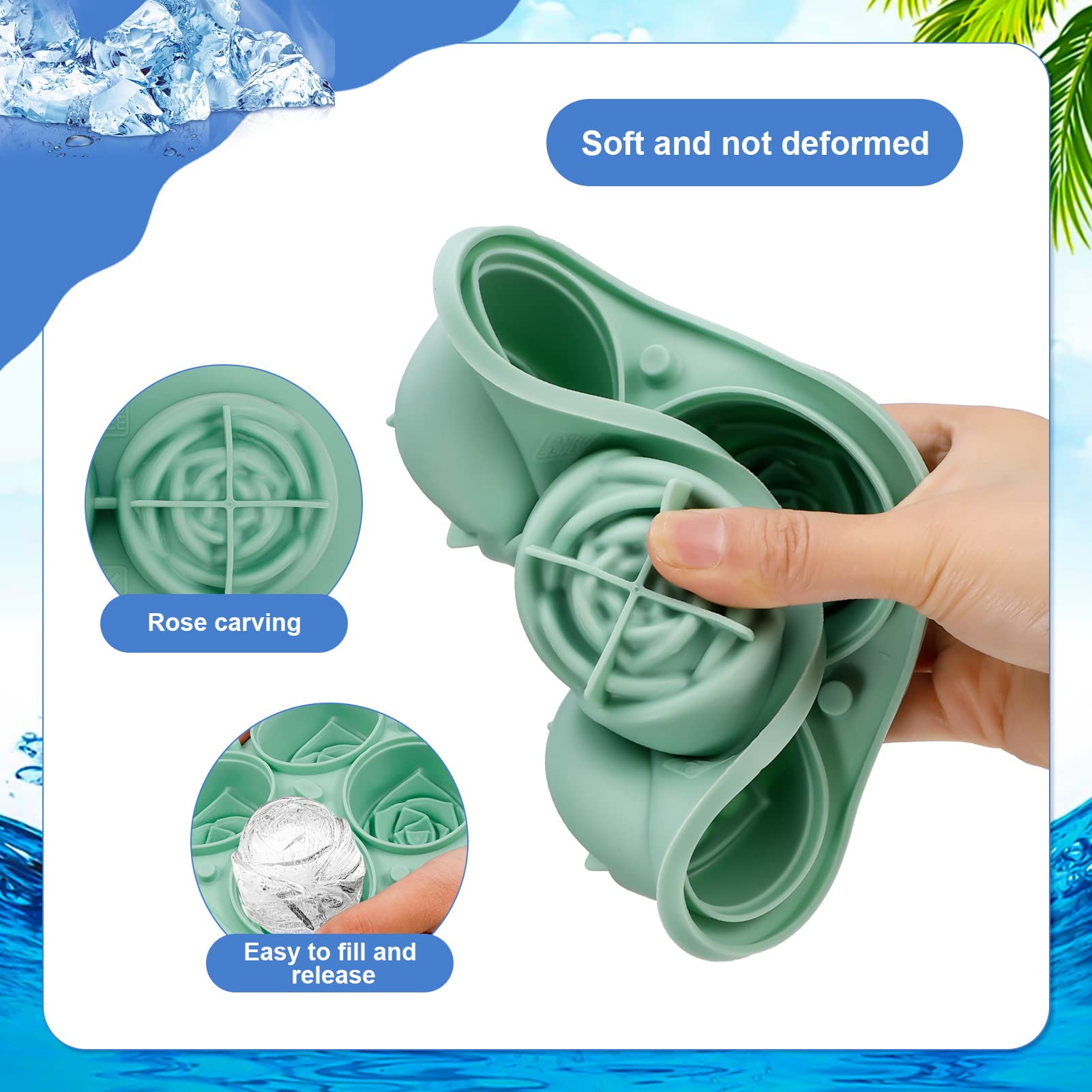 BOWINR 3D Rose Ice Cube Tray - 2.5 Inch Silicone Ice Ball Molds for Whiskey & Cocktails | Easy Release Freezer Safe Ice Maker | Perfect for Summer Parties, Homemade Chilled Drinks & Entertaining | Dishwasher Safe