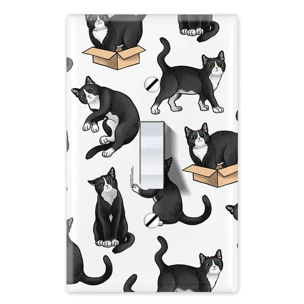 WIRESTER Single Gang Toggle Light Switch Plate Cover - Black & White Tuxedo Cat Design for Home Decor | Playful Feline Wall Plate for Living Room, Bedroom, or Office
